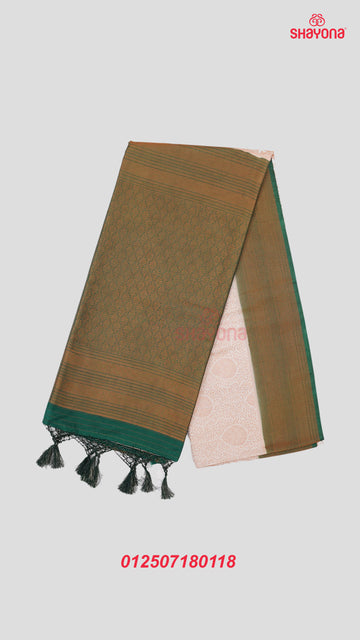 Dark Cadet Blue & Antique White Banarasi Soft Silk Saree with Copper Butta & Nakshi Border