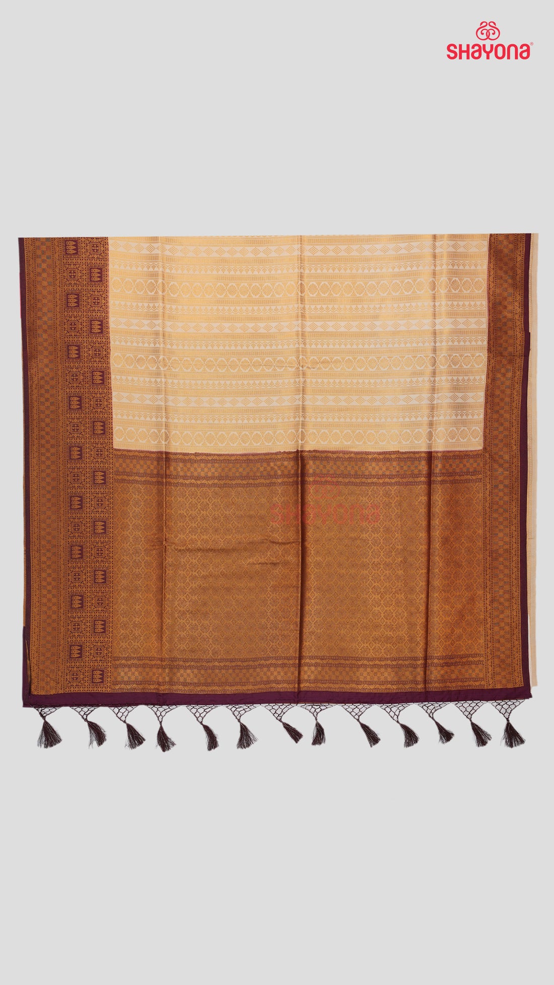 Almond & Wine Banarasi Soft Silk Saree with Golden Nakshi Jaal & Heavy Pallav