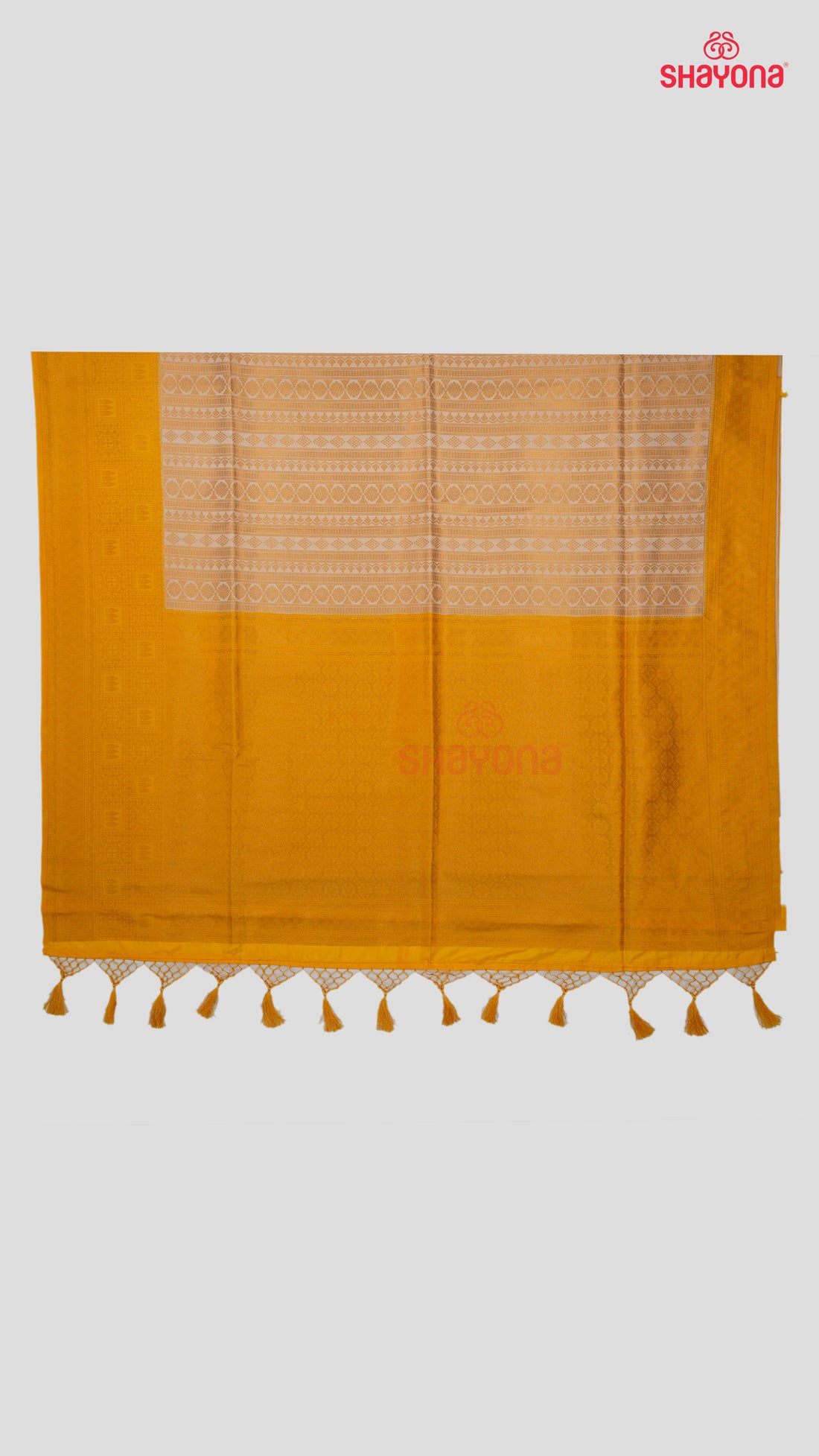 Almond & Yellow Gold Banarasi Soft Silk Saree with Golden Nakshi Jaal & Heavy Pallav