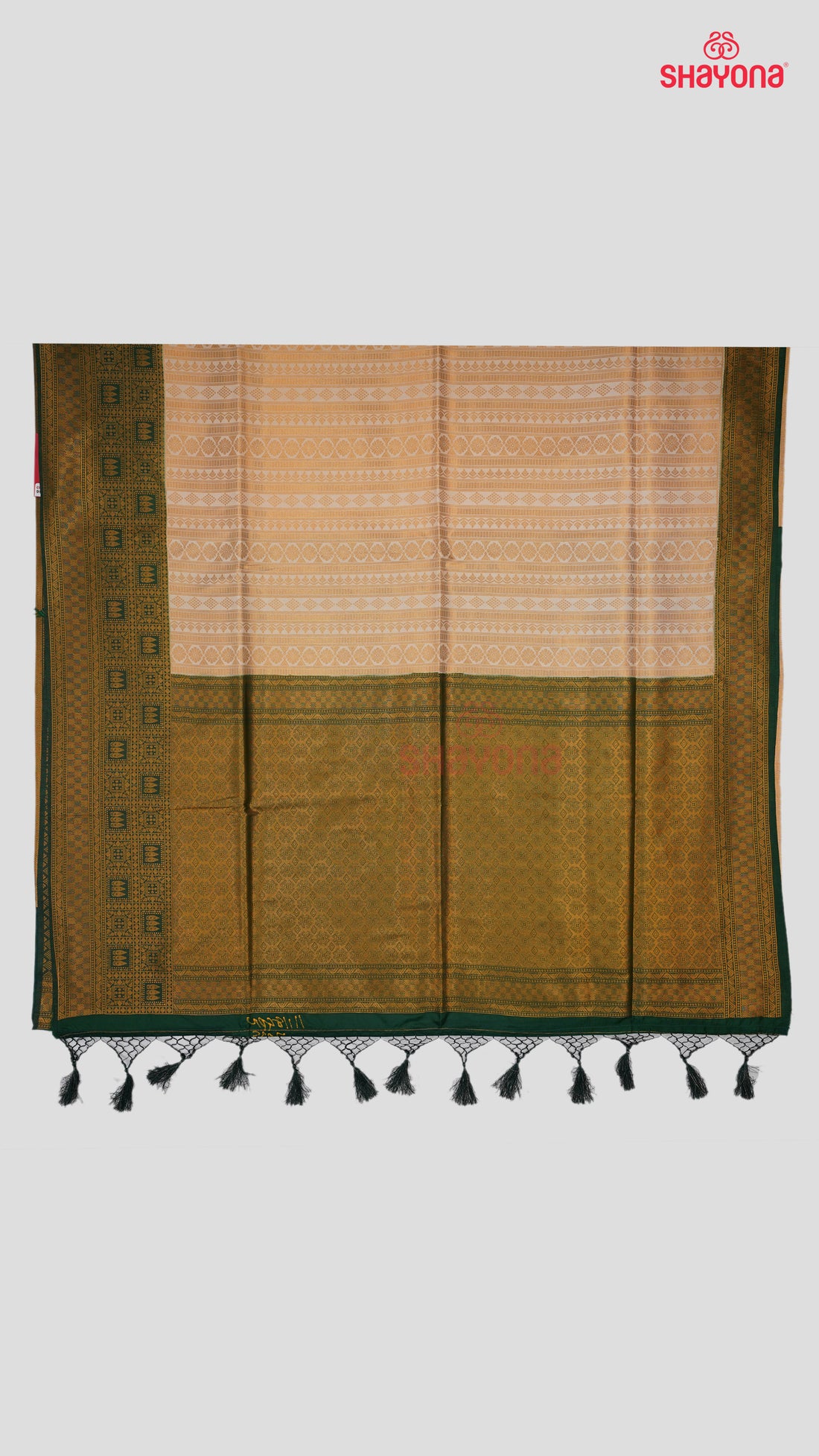 Almond & Pomona Green Banarasi Soft Silk Saree with Golden Nakshi Jaal & Heavy Pallav