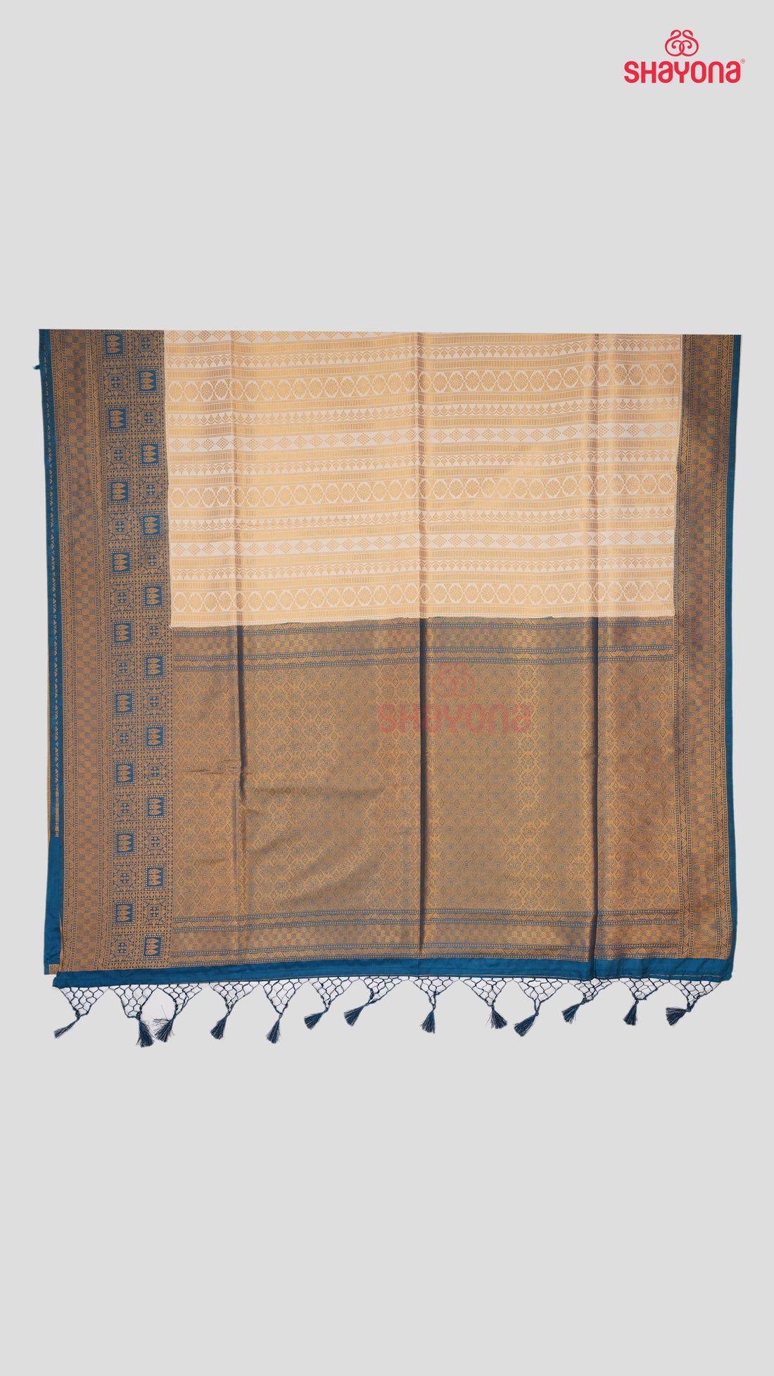 Deep Steel Blue & Almond Banarasi Soft Silk Saree with Golden Nakshi Jaal & Heavy Pallav