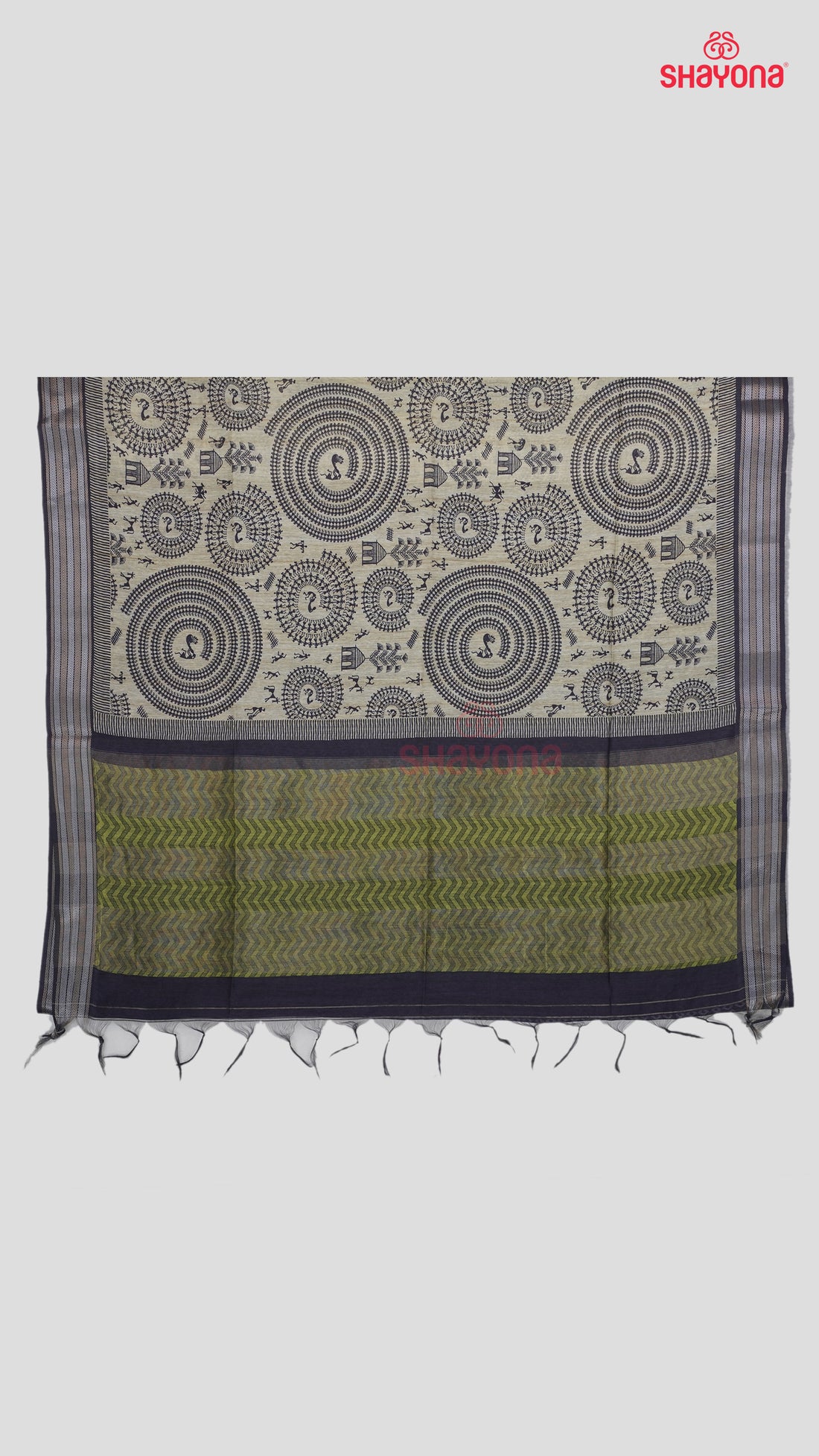 Sage Green Tussa Cotton Saree with Geometric Diamond Butti