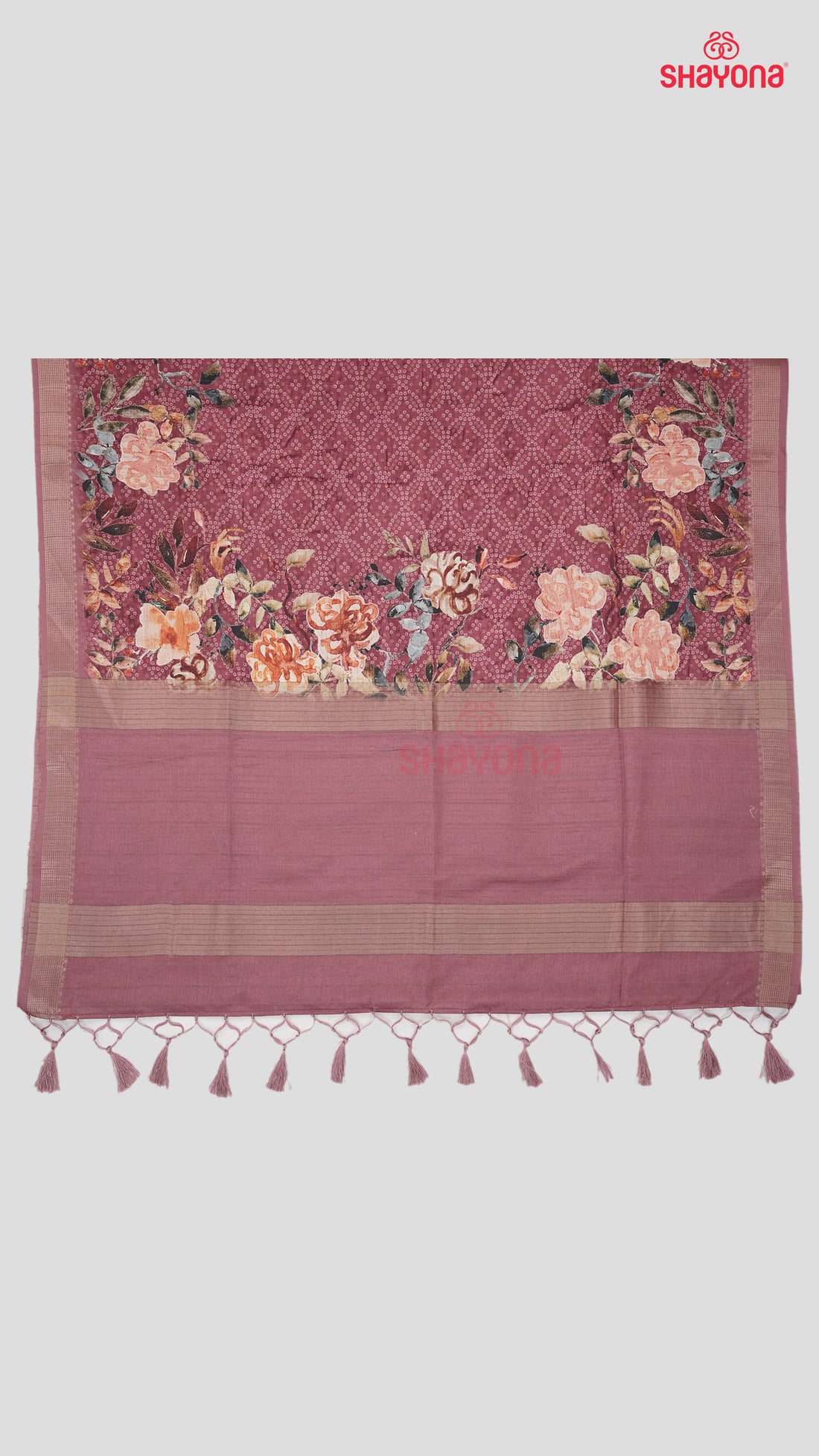 Rose Gold Tussa Cotton Saree with Bandhani Jaal & Floral Border