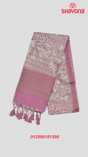 Dark Pink Tussa Cotton Saree with Geometric & Floral Jaal, Antique White Gala & Dark Pink Pallav