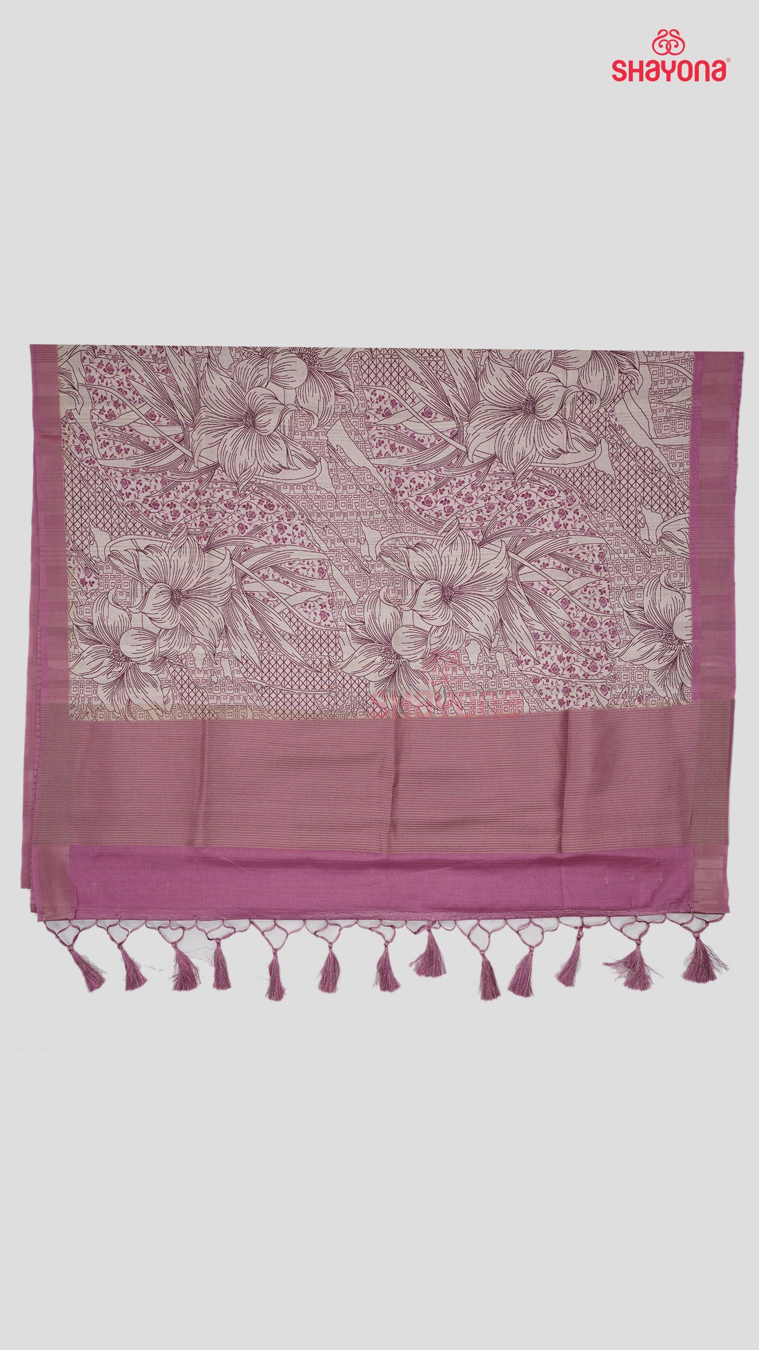 Dark Pink Tussa Cotton Saree with Geometric & Floral Jaal, Antique White Gala & Dark Pink Pallav