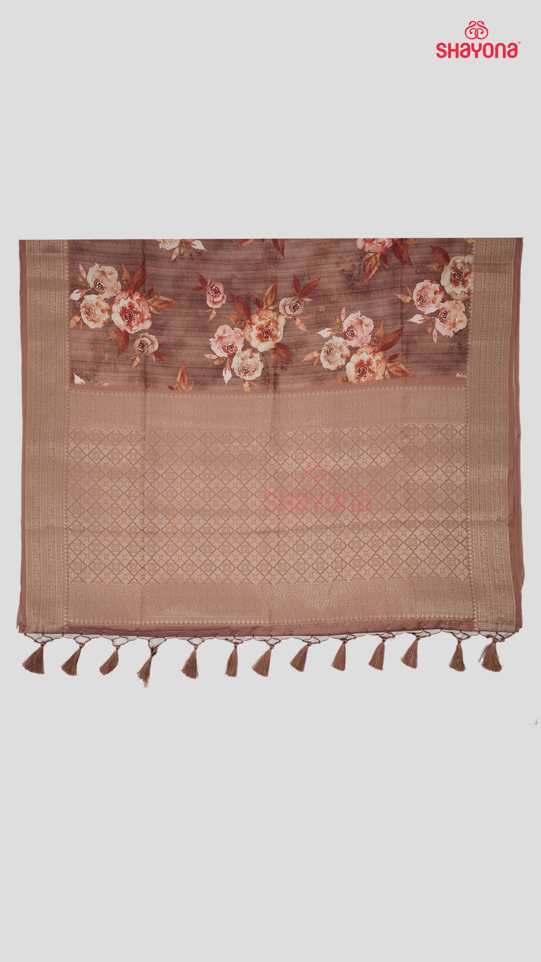 Brown Tussa Based Cotton Saree with Banarasi Type Floral Print