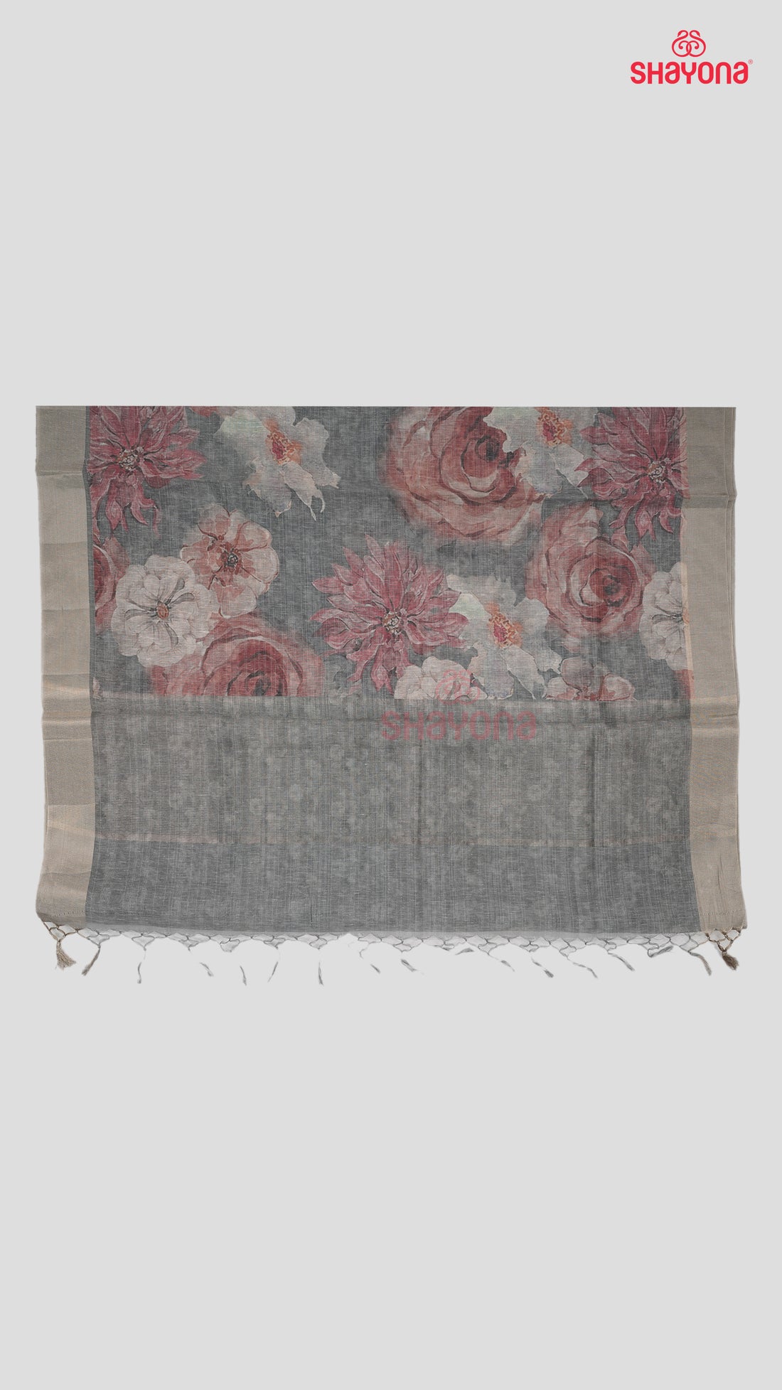 Light Slate Gray Tussa Based Cotton Saree with Floral Digital Print