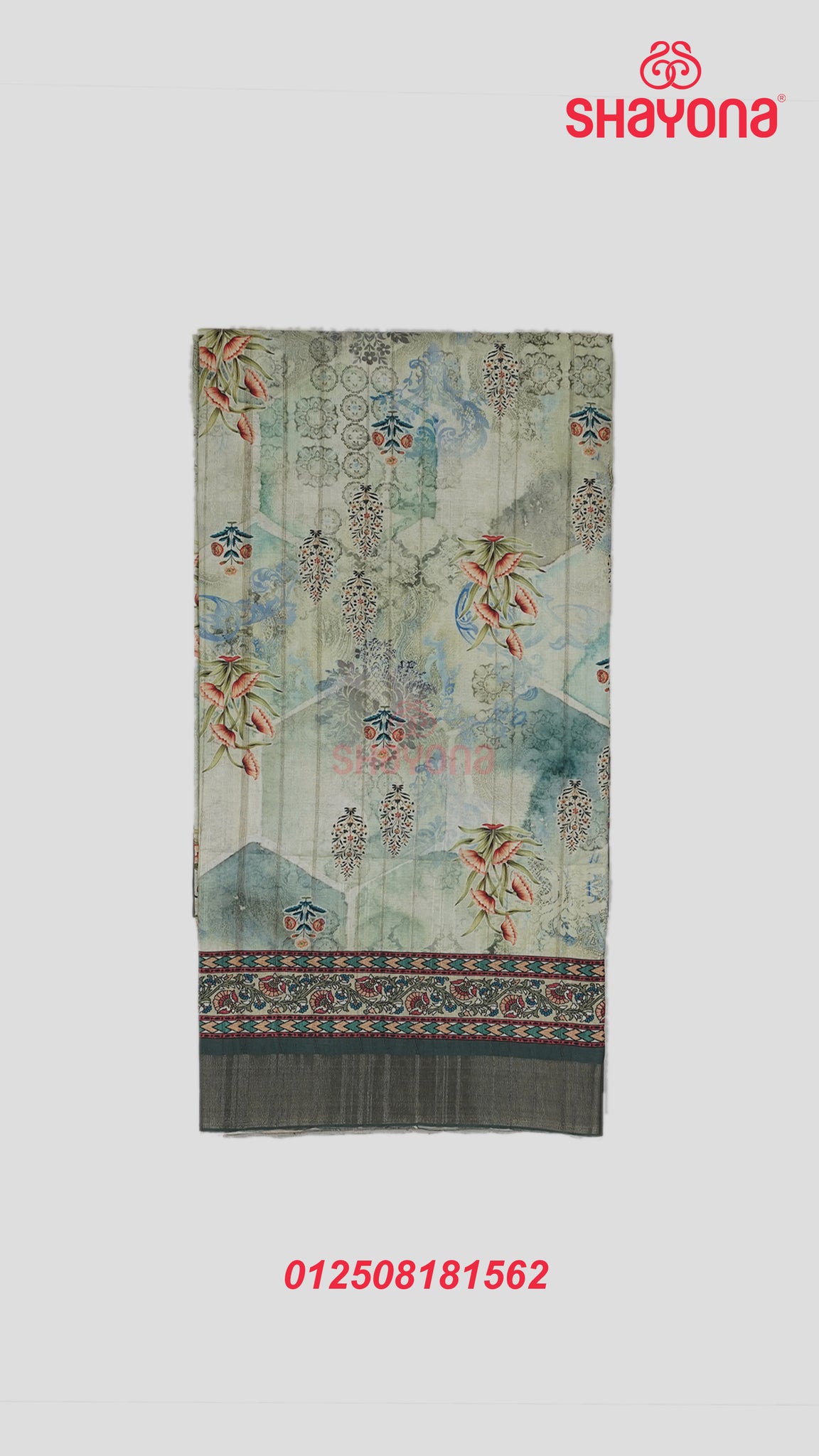 Light Olive Tussa Based Cotton Saree with Multicoloured Digital Floral Butta & Nakshi Border