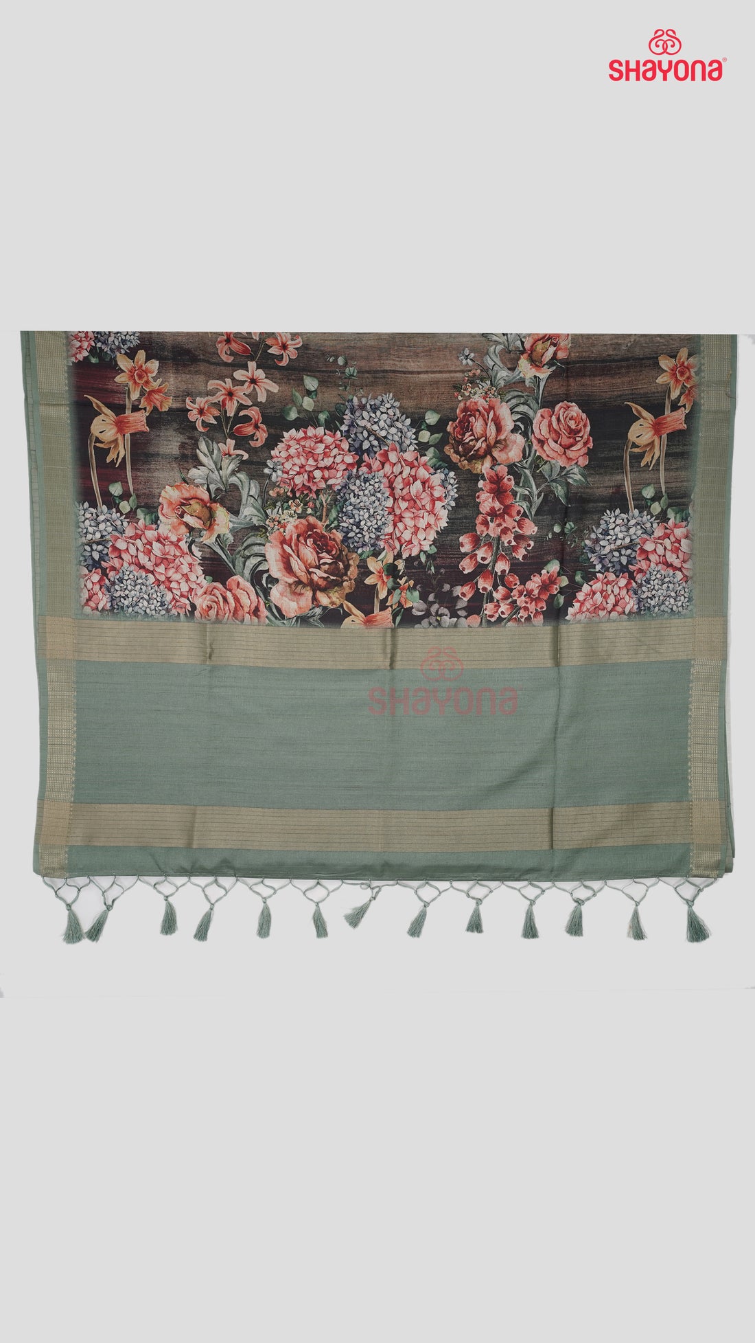 Green & Multicolour Shade Weaved Tussa Cotton Saree with Floral Jaal