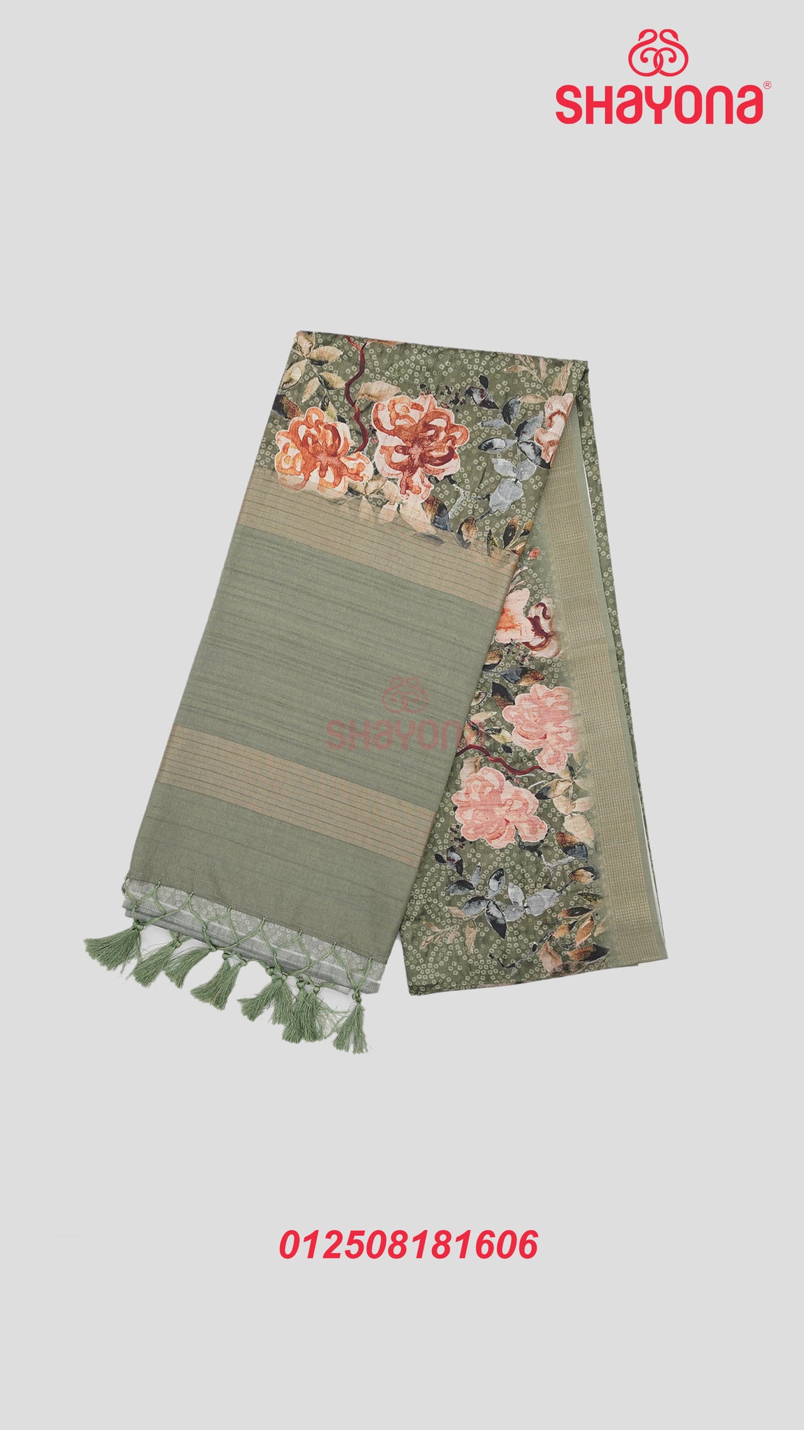 Dark Sage Green Tussa Cotton Saree with Bandhani Jaal & Floral Border