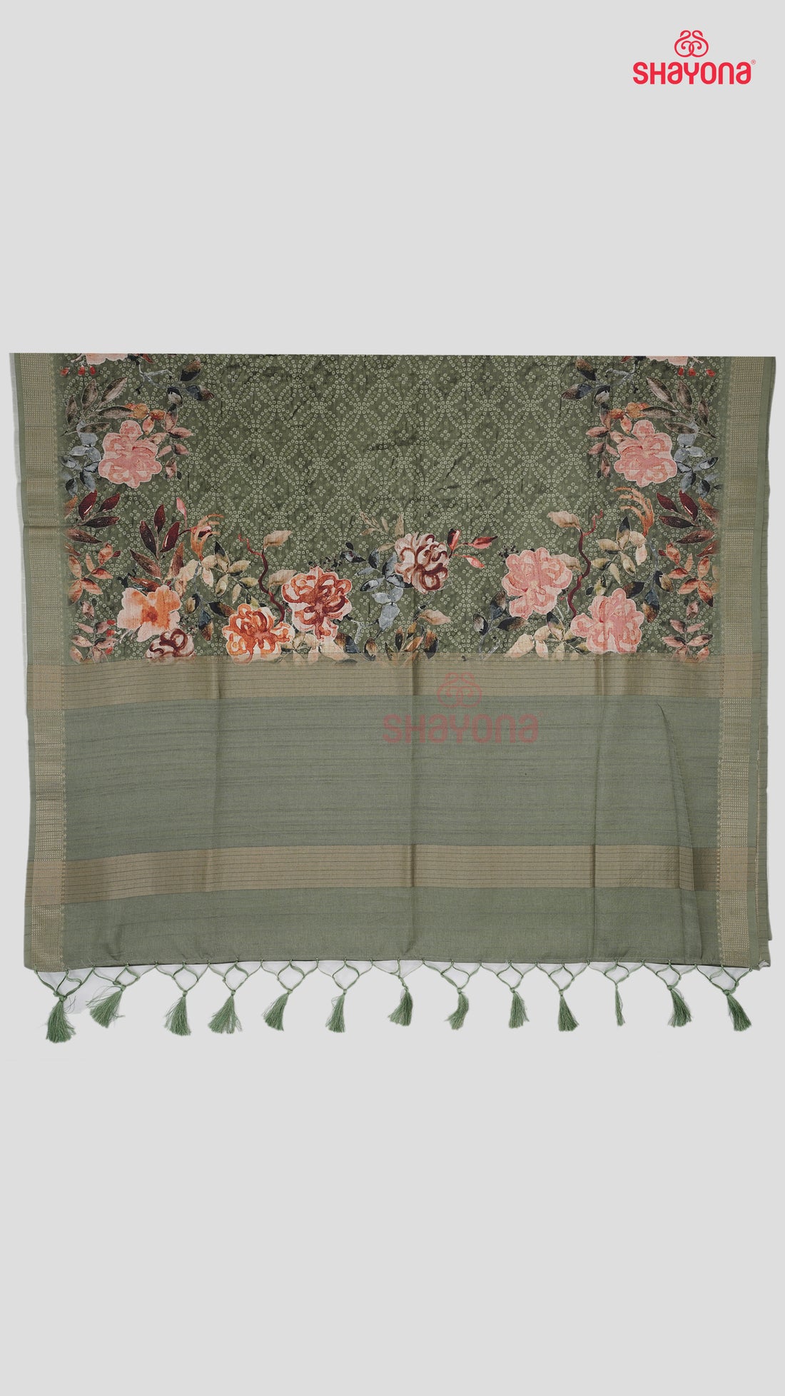 Dark Sage Green Tussa Cotton Saree with Bandhani Jaal & Floral Border