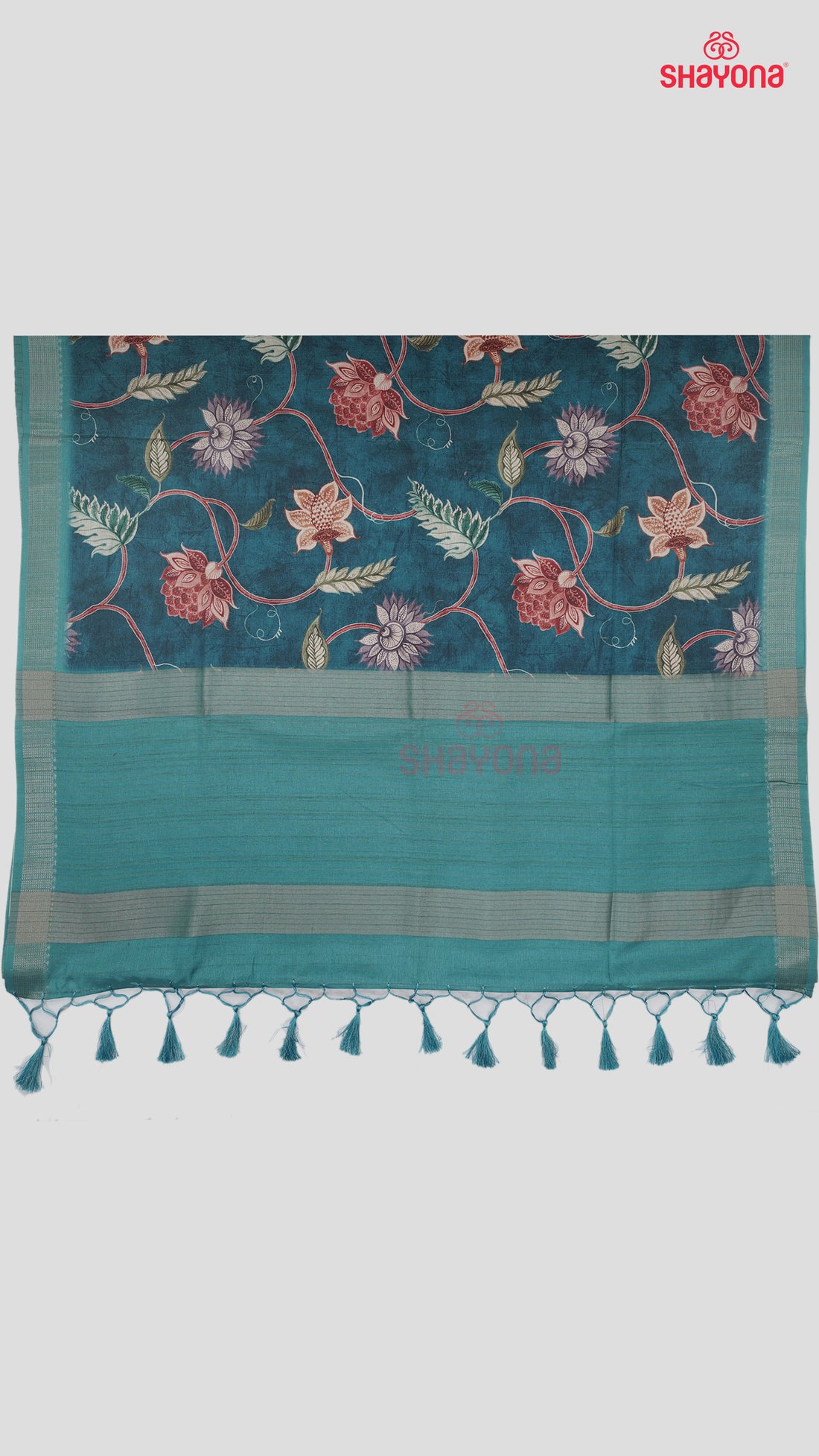 Deep Steel Blue Tussa Cotton Saree with Digital Printed Jaal & Waves