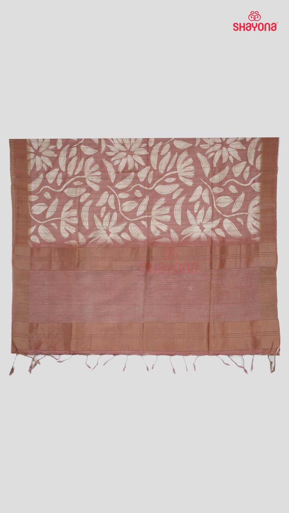 Rose Gold Tussa Based Cotton Saree with Ivory Floral Jaal
