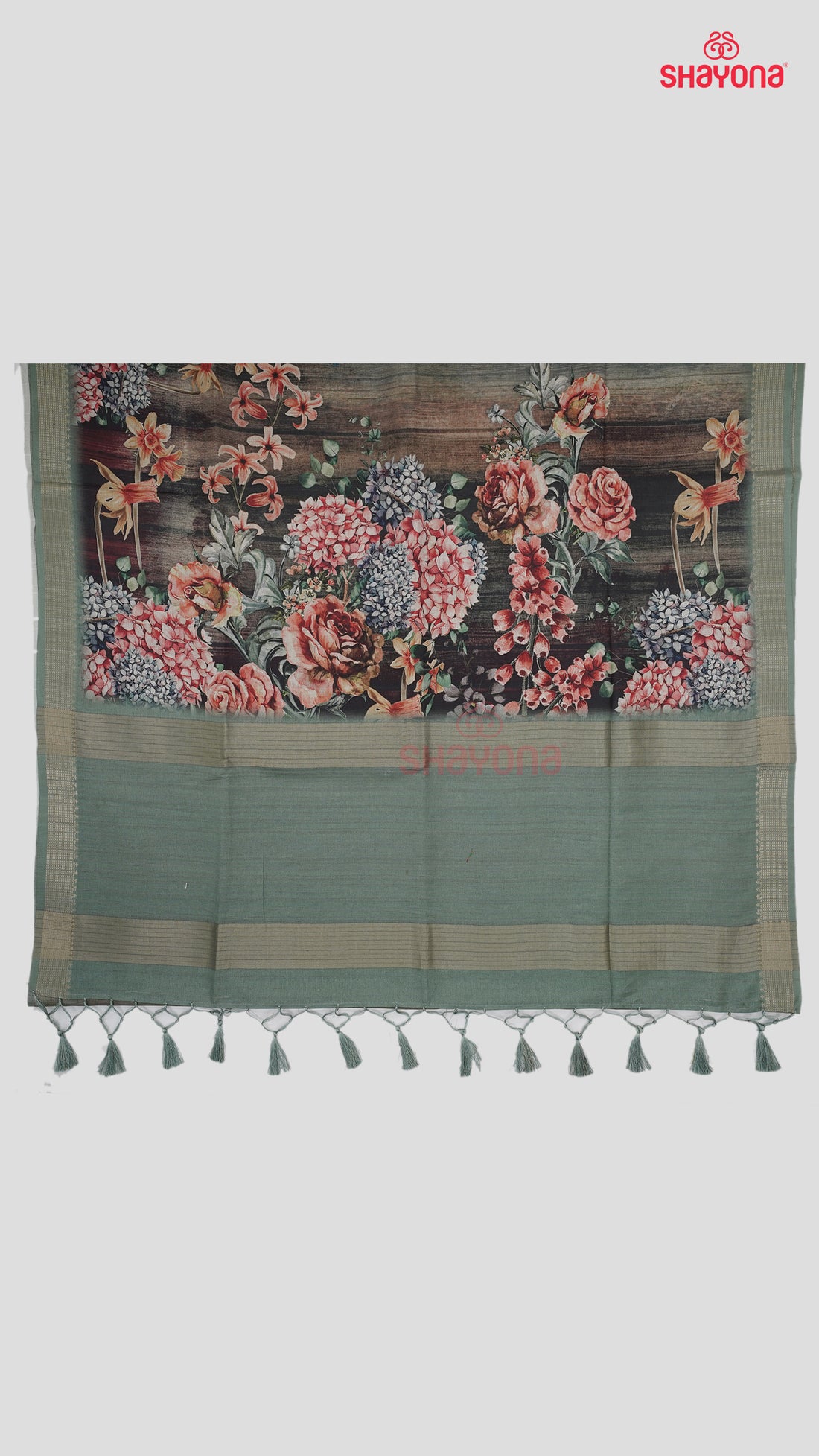 Green & Multicolour Shade Weaved Tussa Cotton Saree with Floral Jaal