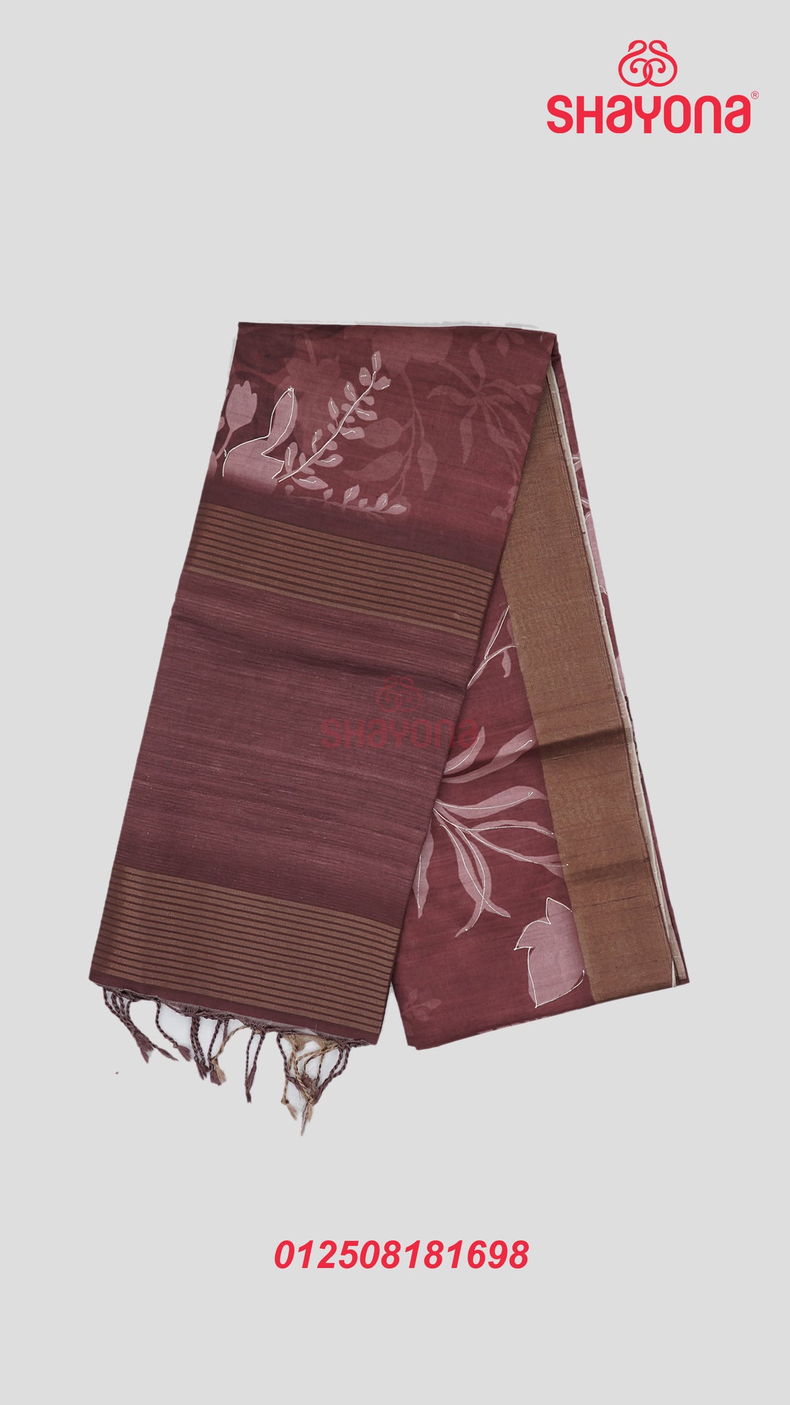 Dark Rose Gold Tussa Based Cotton Saree with Light Rose Gold Floral Jaal