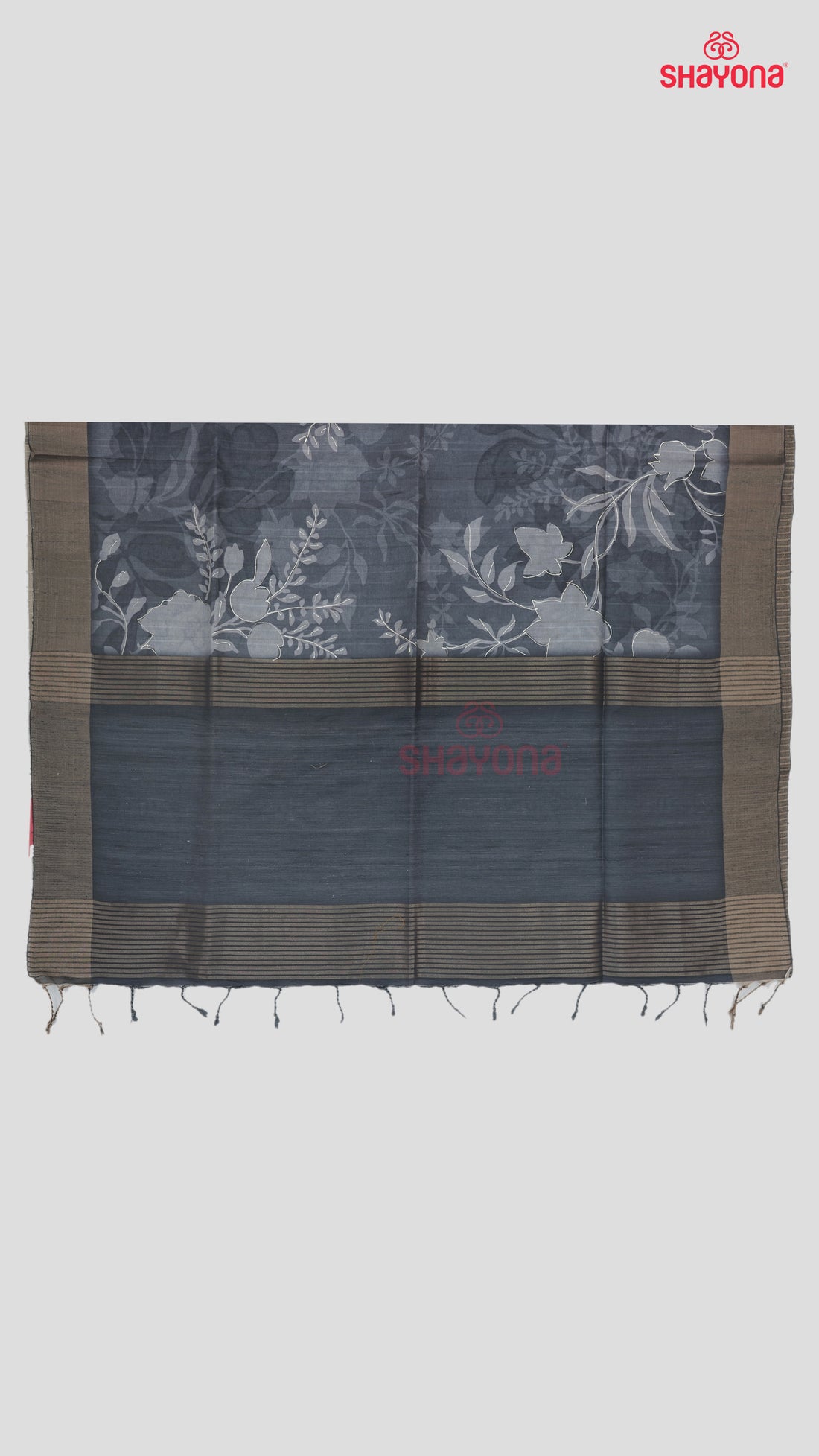 Deep Gray Tussa Based Cotton Saree with Gray Floral Jaal