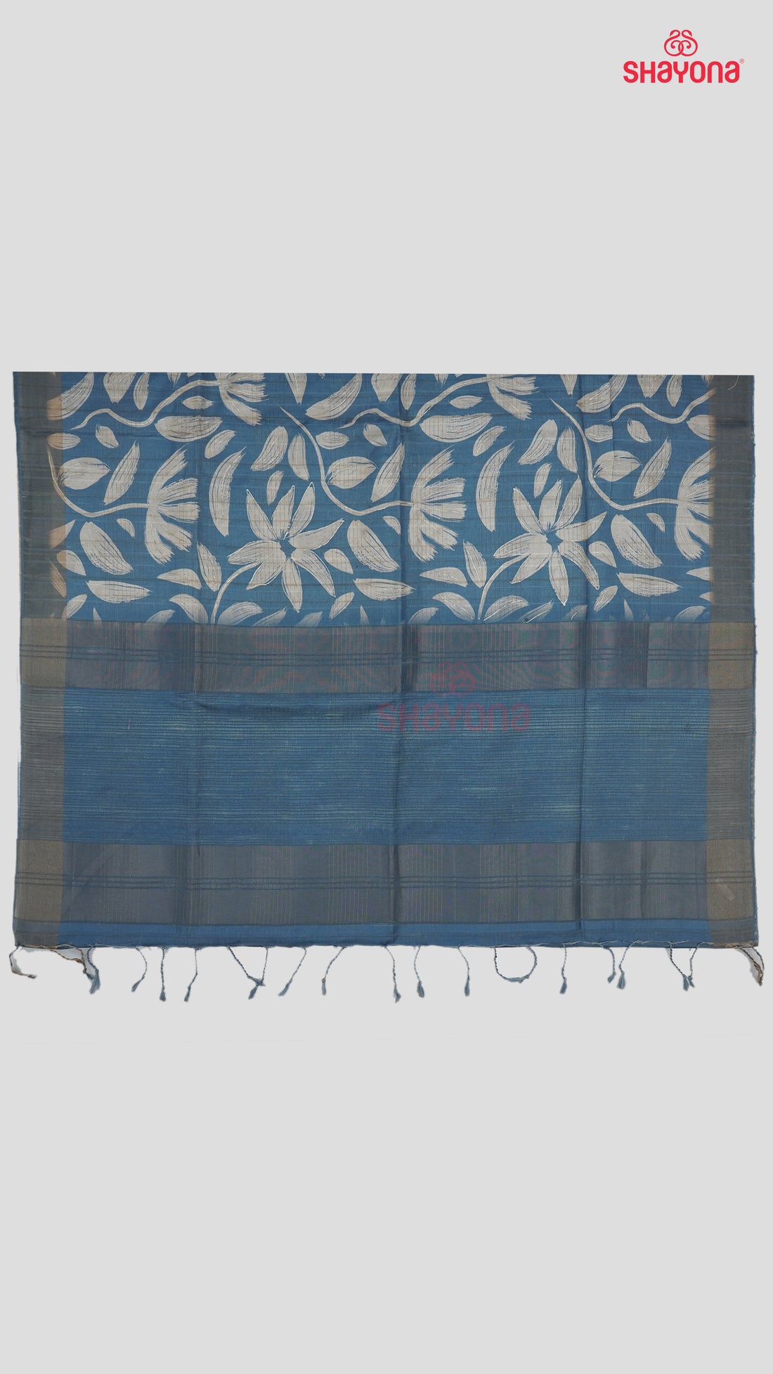 Light Navy Blue Tussa Based Cotton Saree with Ivory Floral Jaal