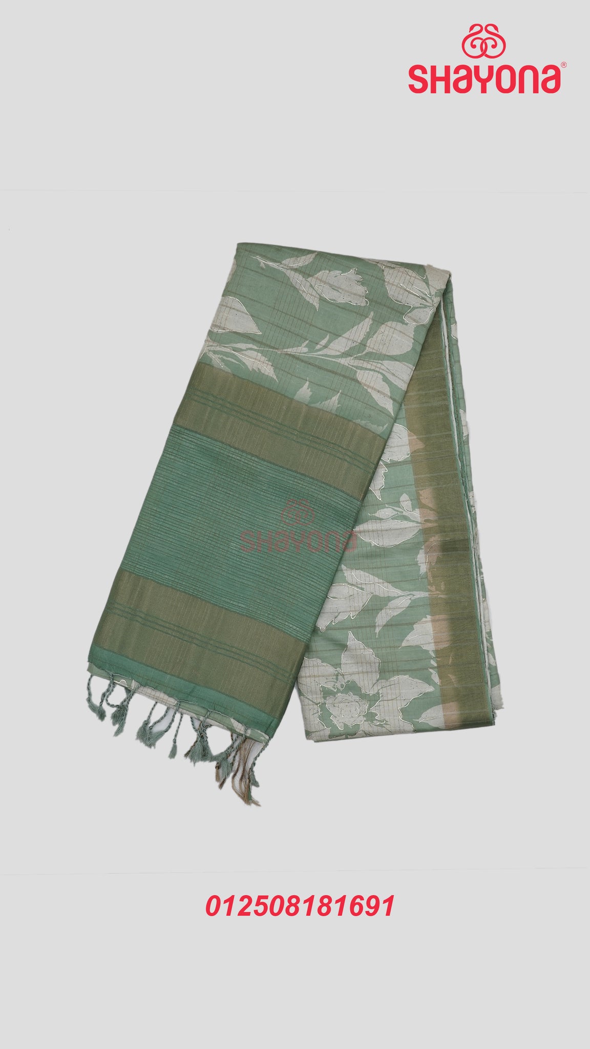 Medium Green Tussa Based Cotton Saree with Ivory Floral Jaal