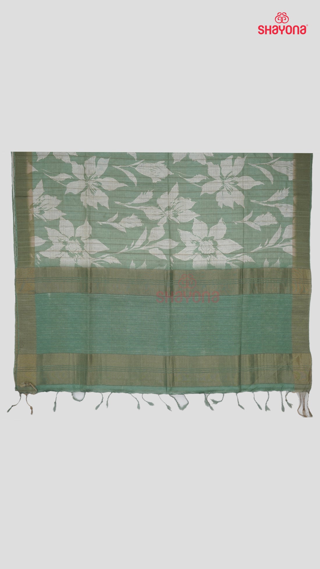 Medium Green Tussa Based Cotton Saree with Ivory Floral Jaal