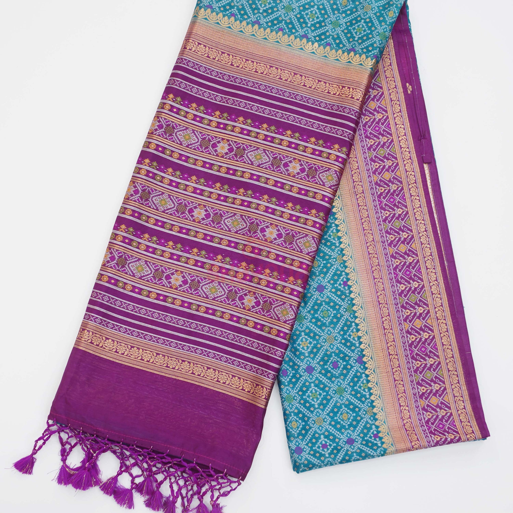 Cadet Blue & Dark Magenta Ghicha Art Silk Saree