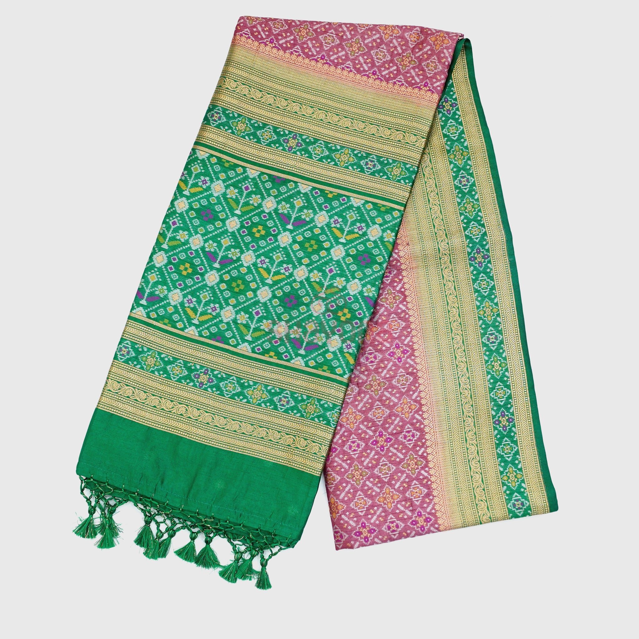 Medium Onion & Green Ghicha Art Silk Saree