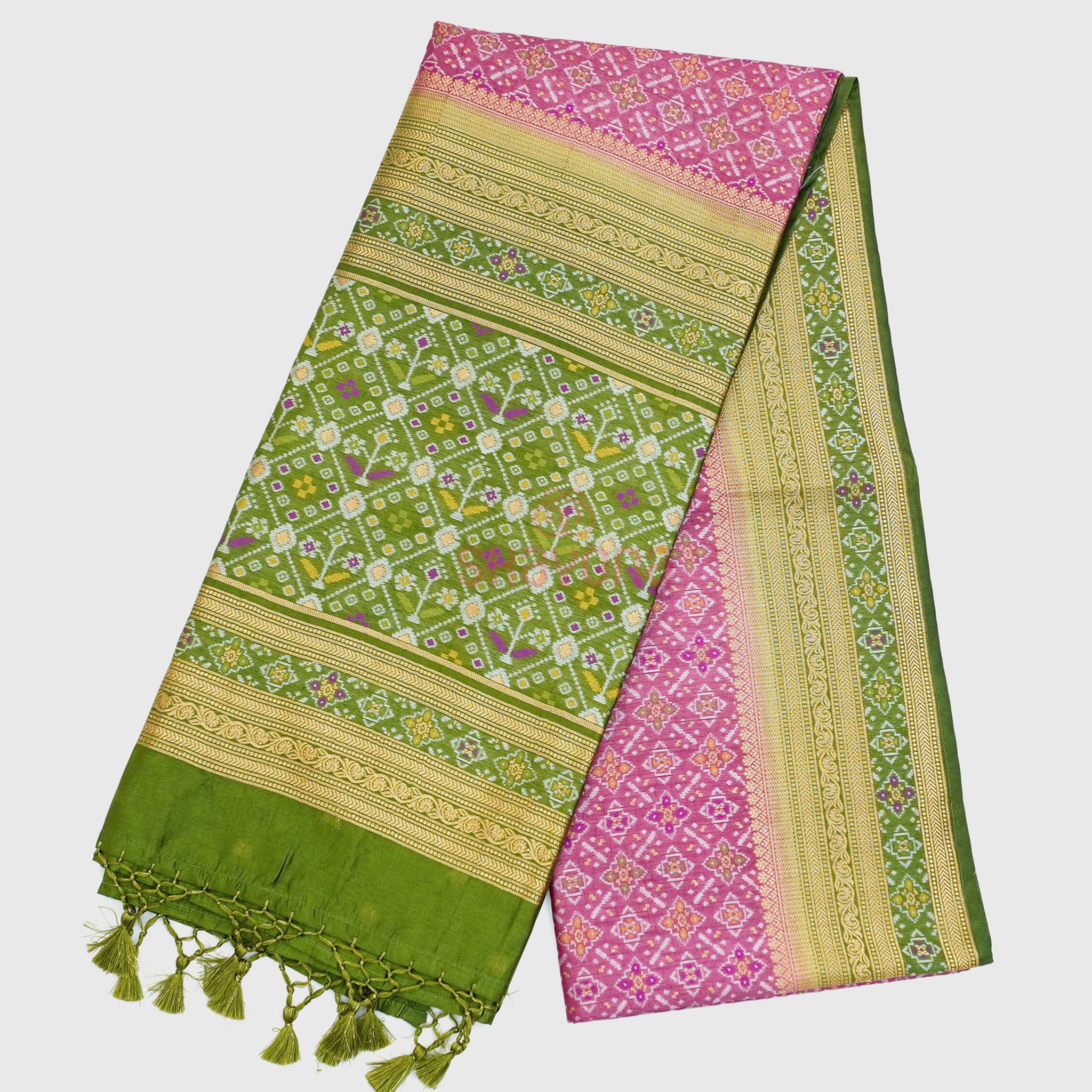 Dark Pink & Dark Mehendi Green Ghicha Art Silk Saree