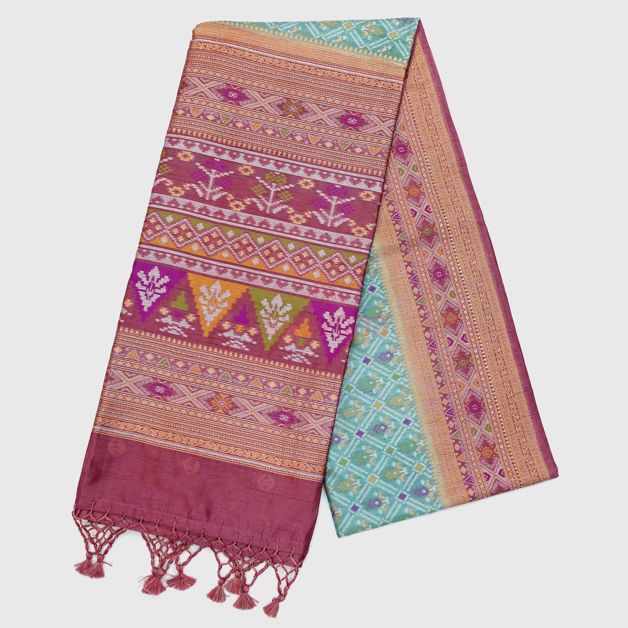 elegant Pestal Sky Blue & Medium Onion Ghicha Art Silk Saree