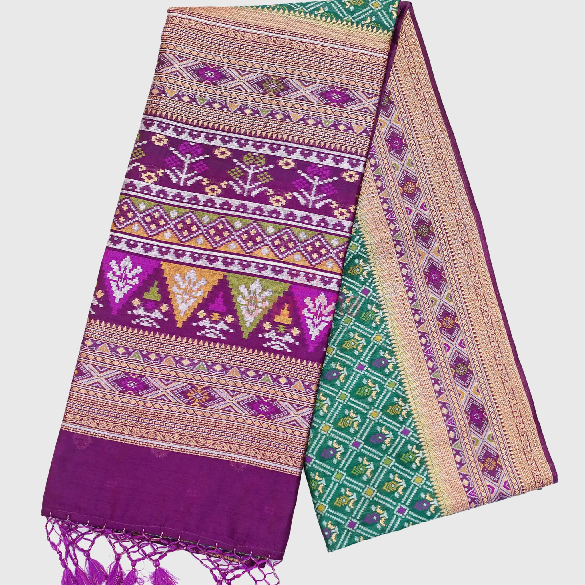 Pomona Green & Dark Purple Ghicha Art Silk Saree