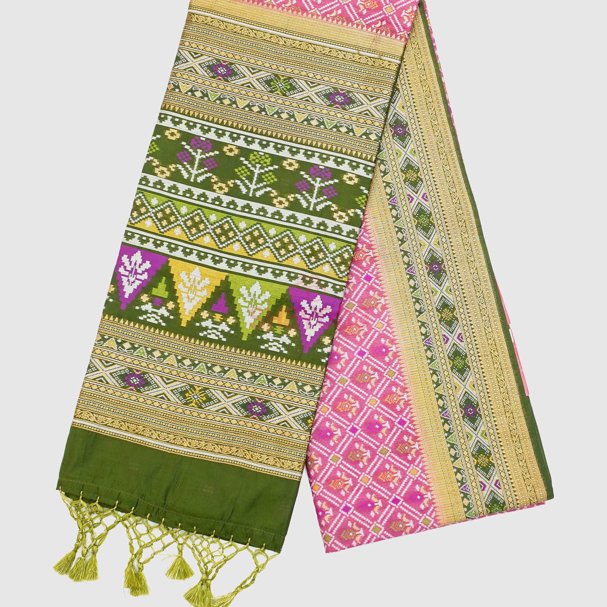 stunning Onion Pink & Dark Mehendi Green Ghicha Art Silk Saree