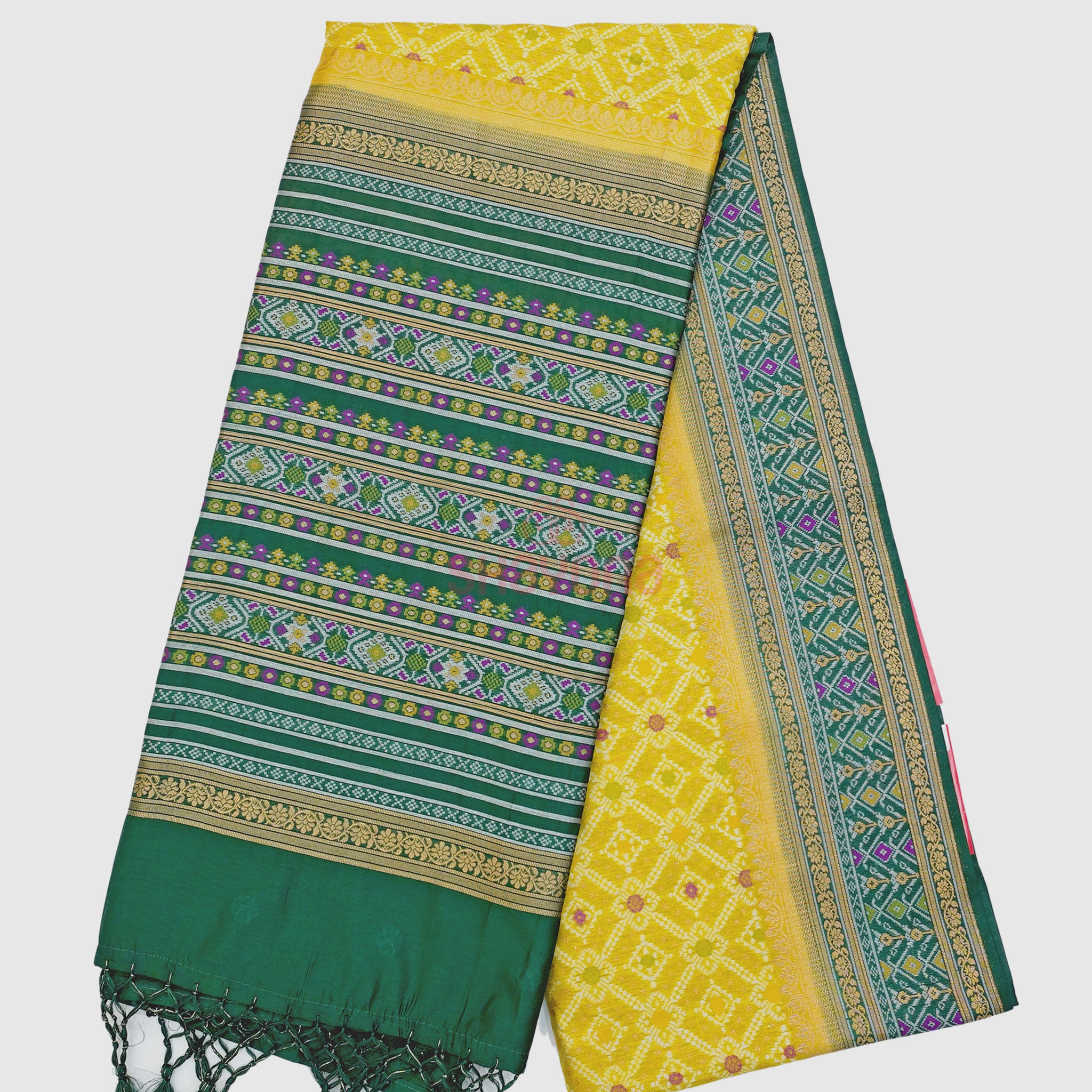 Yellow Gold & Dark Green Ghicha Art Silk Saree – Royal Weave in Earthy Tones