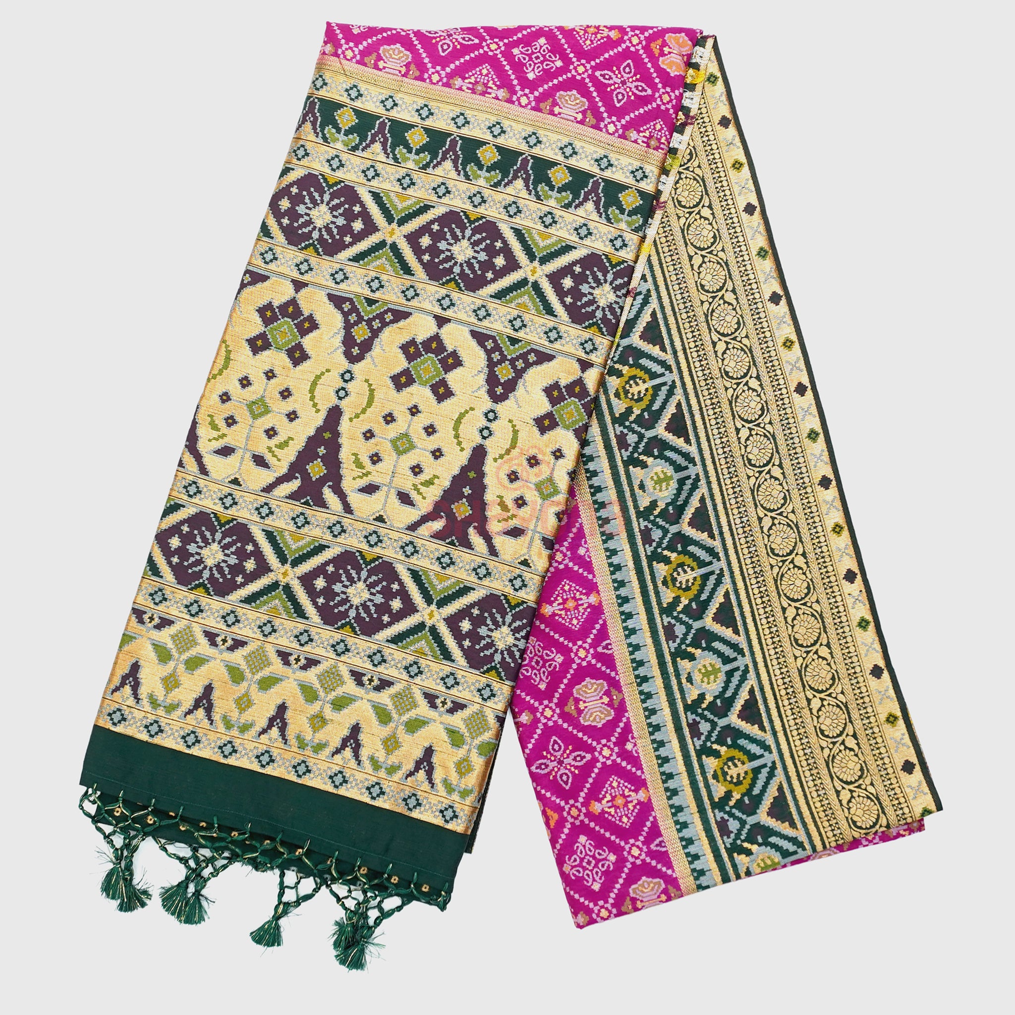 Dark Violet Red & Pomona Green Ghicha Art Silk Saree