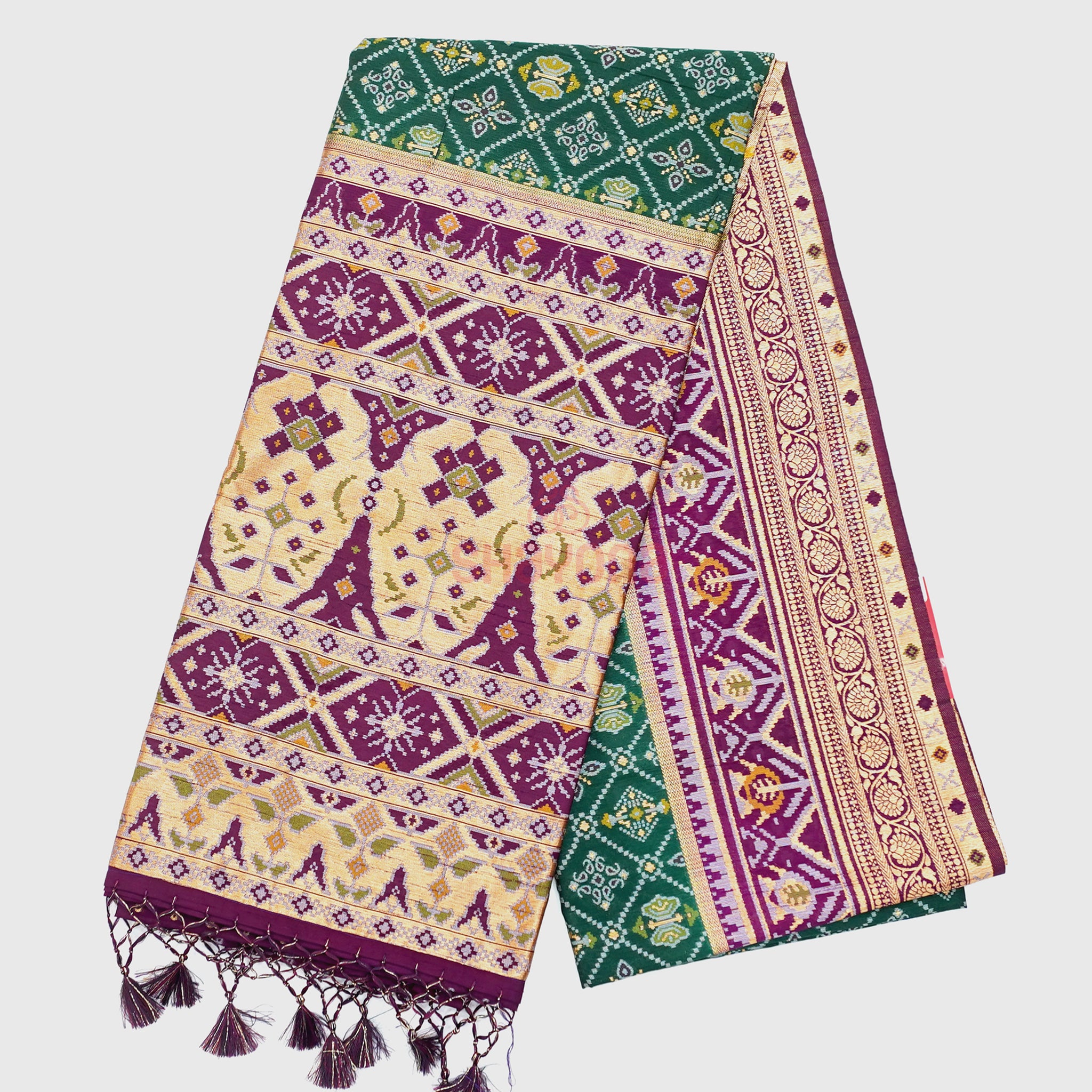 Pomona Green & Dark Purple Ghicha Art Silk Saree