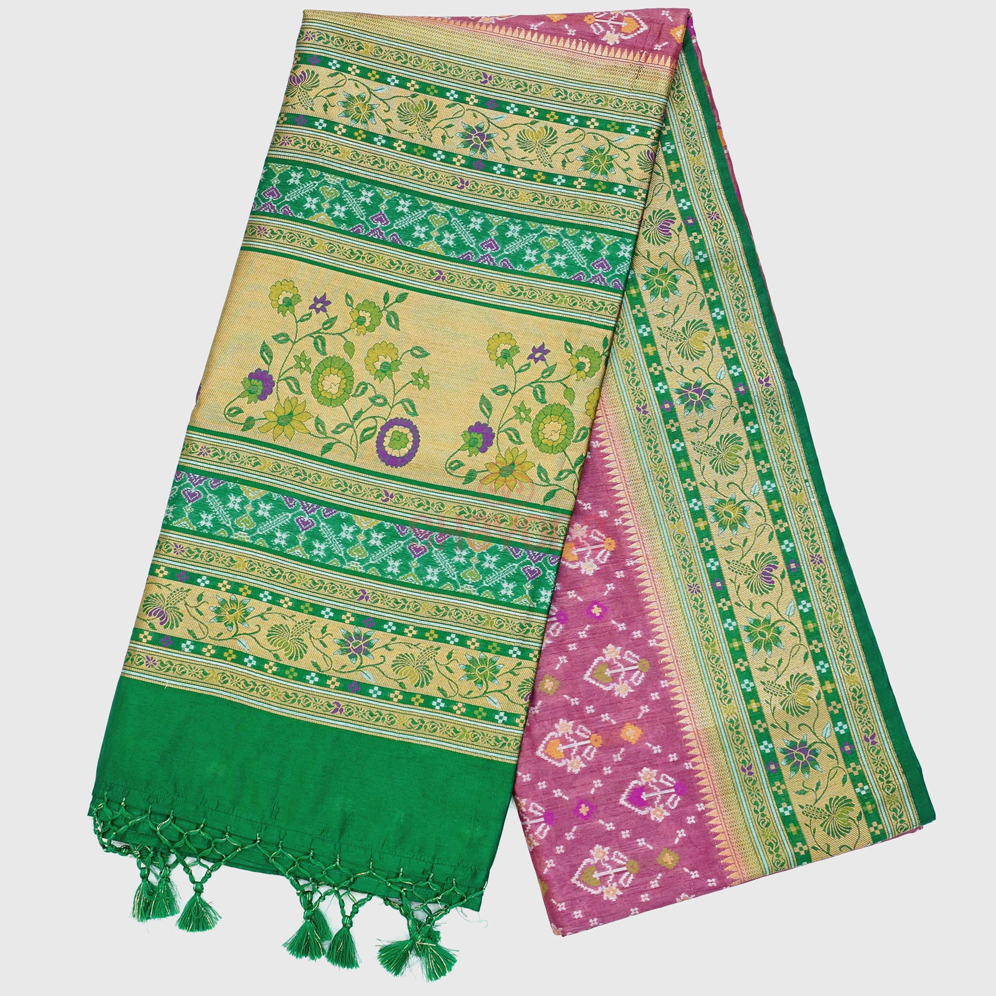 Onion & Green coloured Ghicha Art Silk Saree