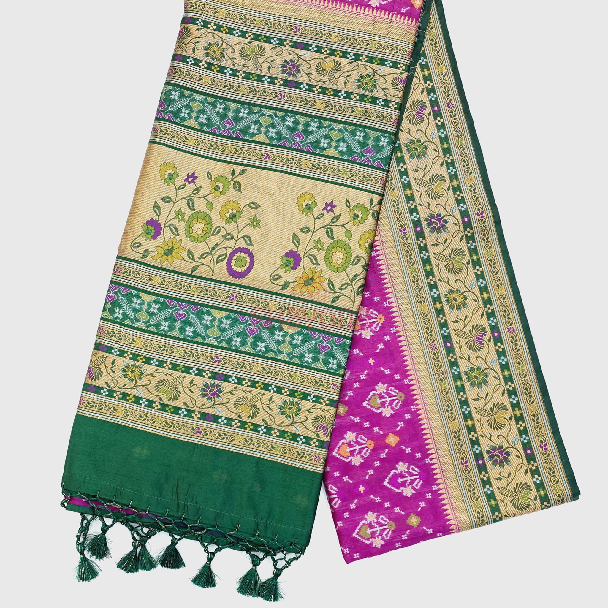Dark Violet Red & Pomona Green Ghicha Art Silk Saree