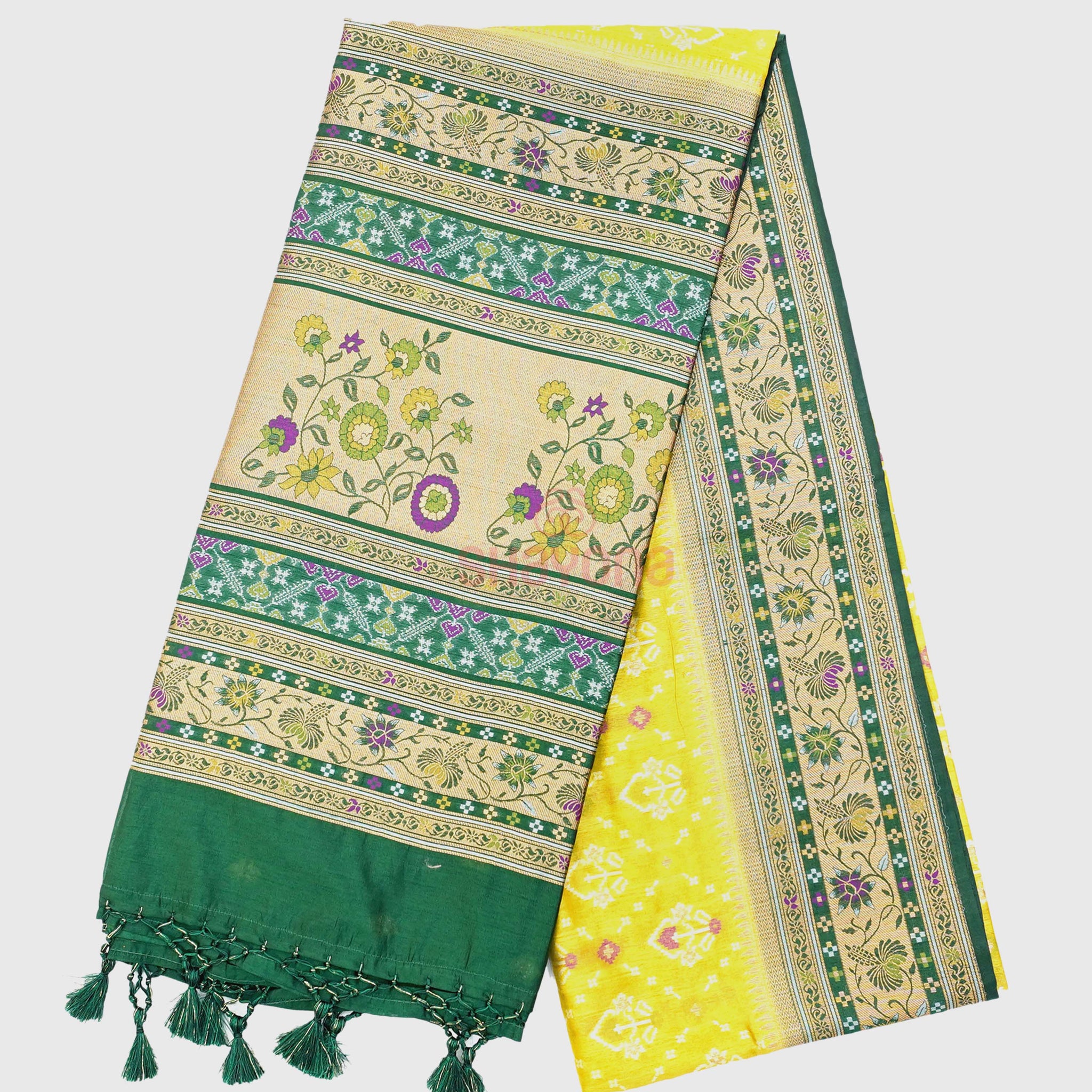 yellow Gold & Pomona Green Ghicha Art Silk Saree with Minakari work