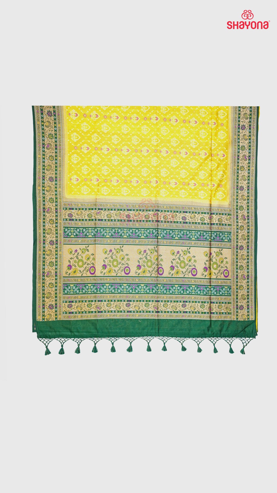 yellow Gold & Pomona Green Ghicha Art Silk Saree with Minakari work