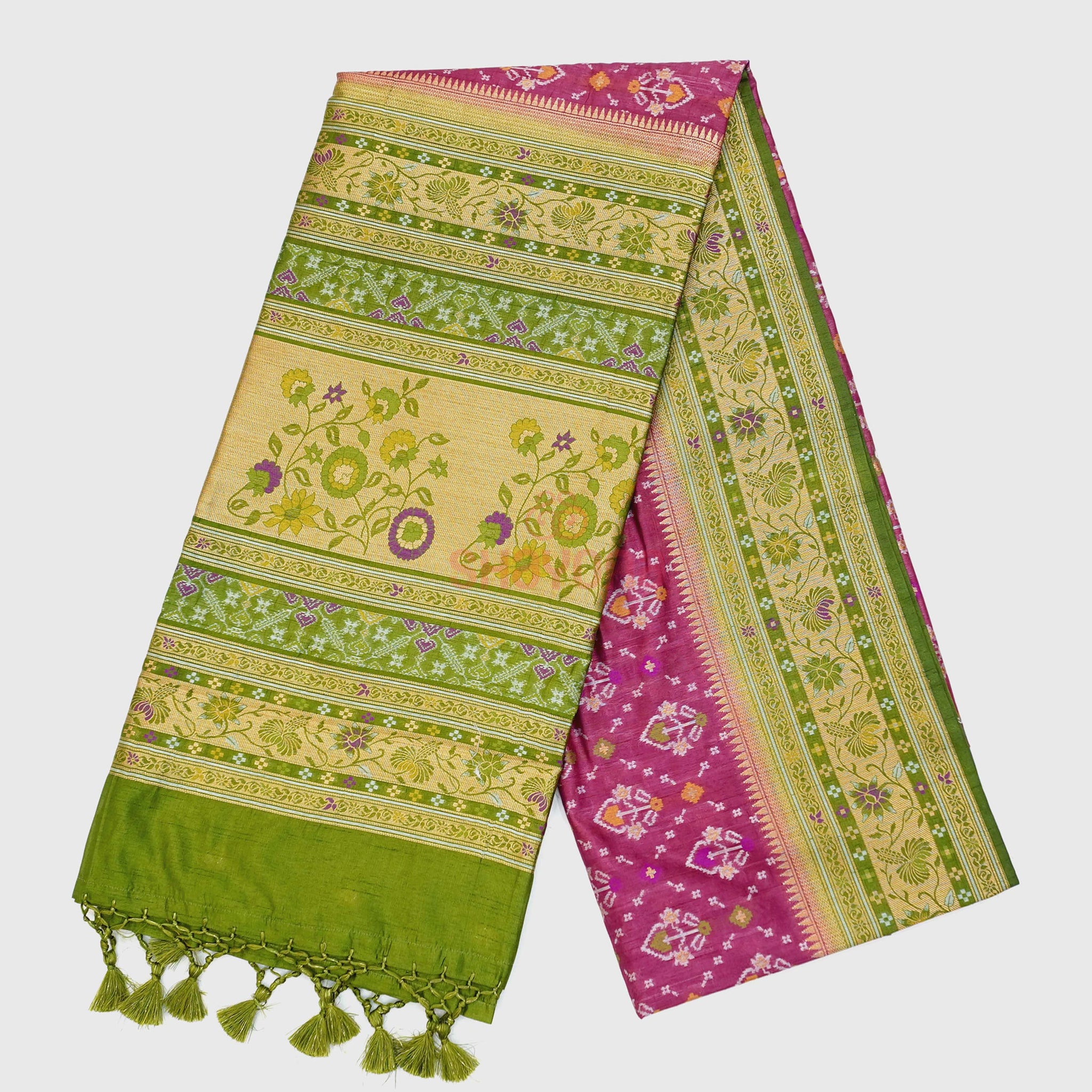 exquisite Medium Onion & Dark Mehendi Green Ghicha Art Silk Saree