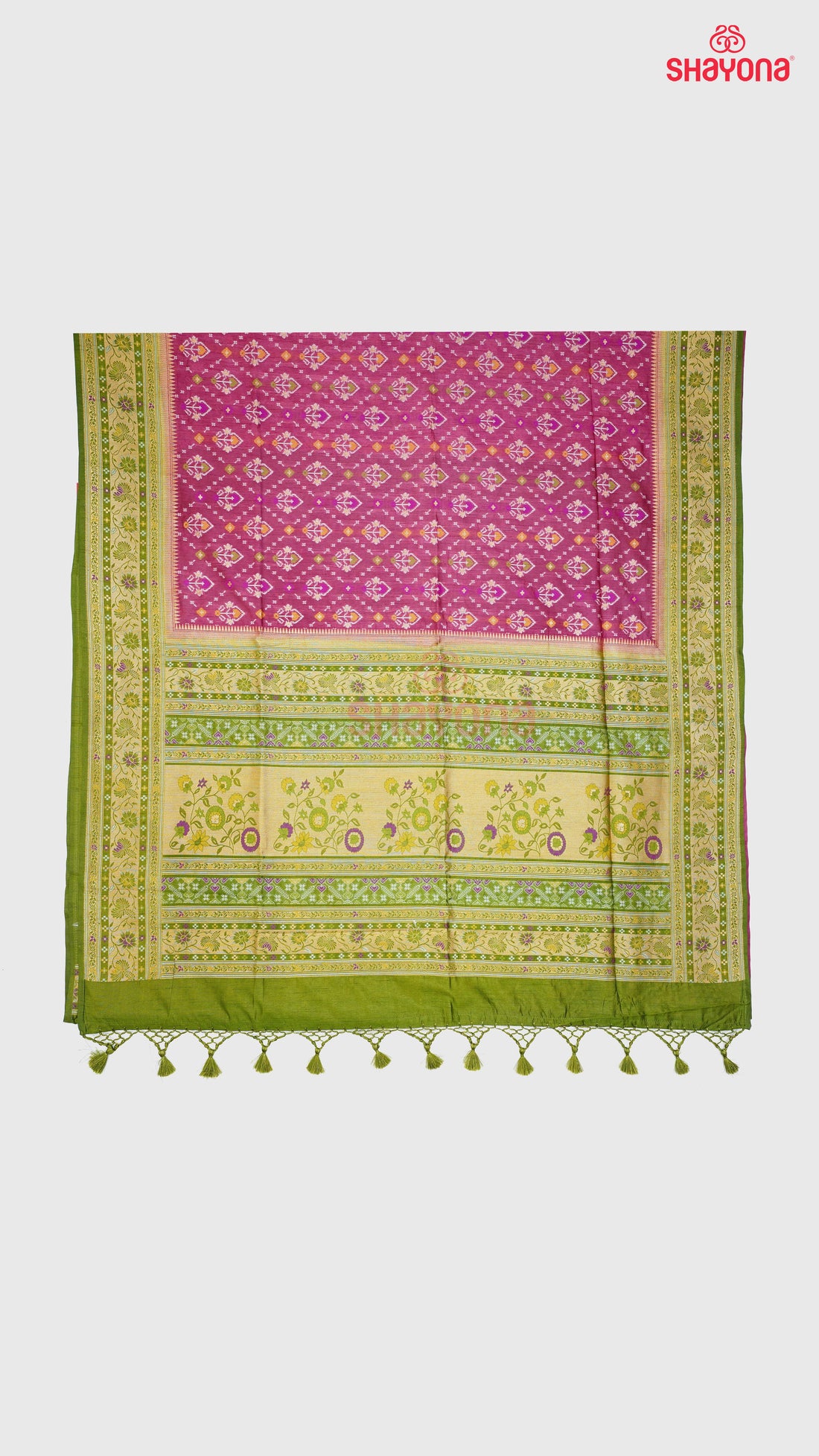 exquisite Medium Onion & Dark Mehendi Green Ghicha Art Silk Saree