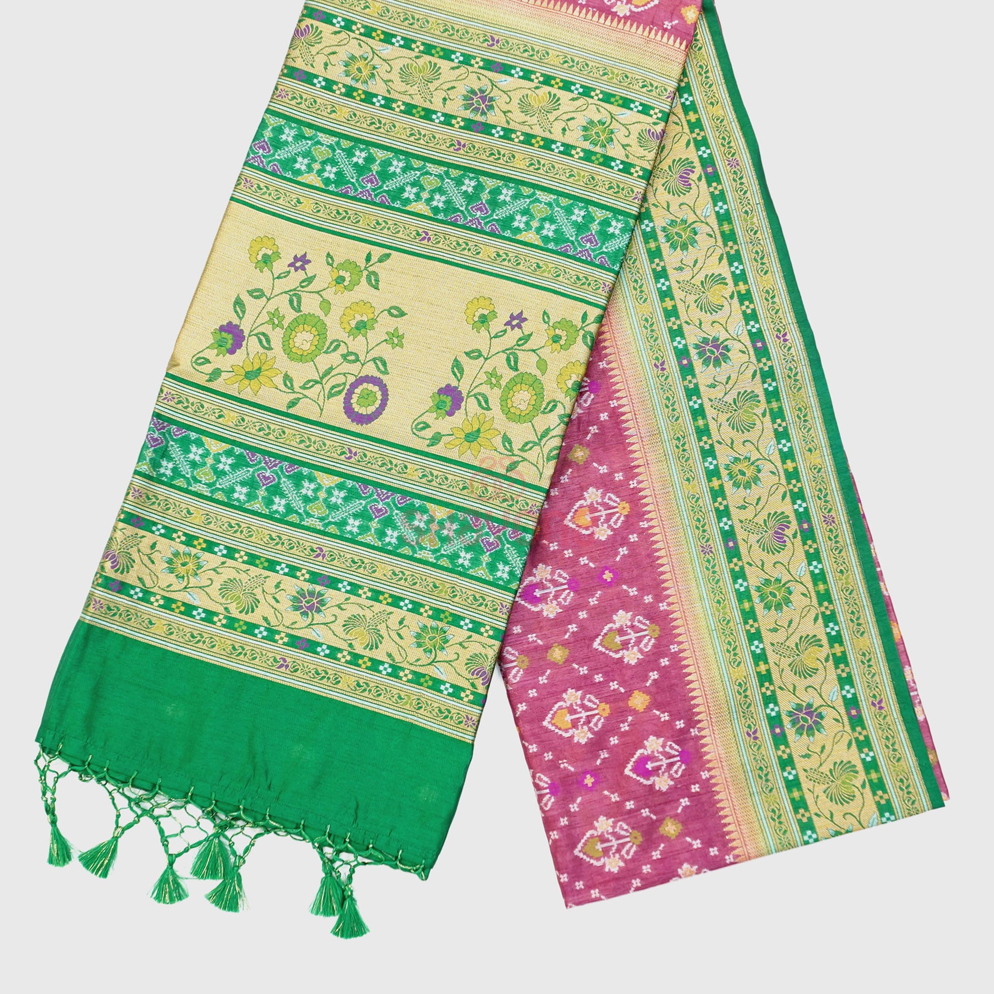 Medium Onion & Pomona Green Ghicha Art Silk Saree with Minakari work