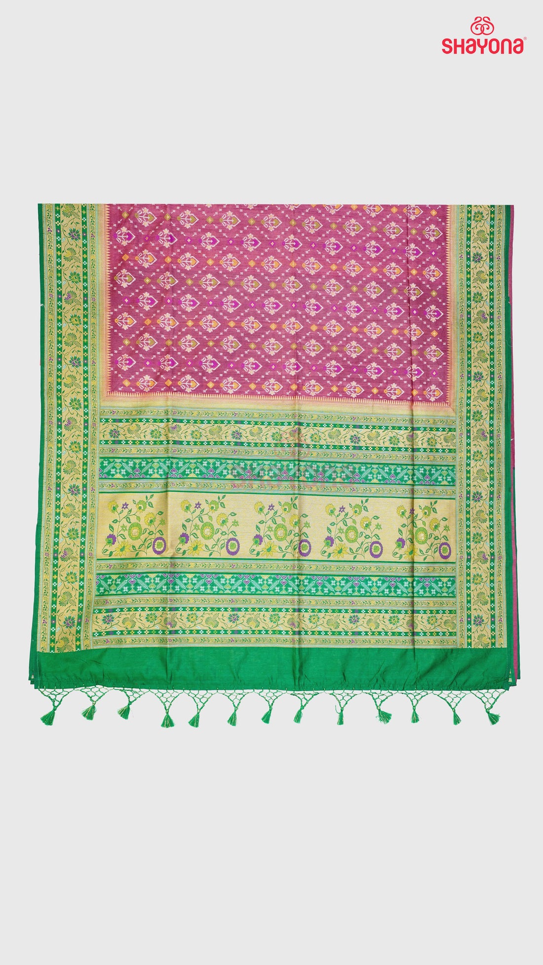 Medium Onion & Pomona Green Ghicha Art Silk Saree with Minakari work