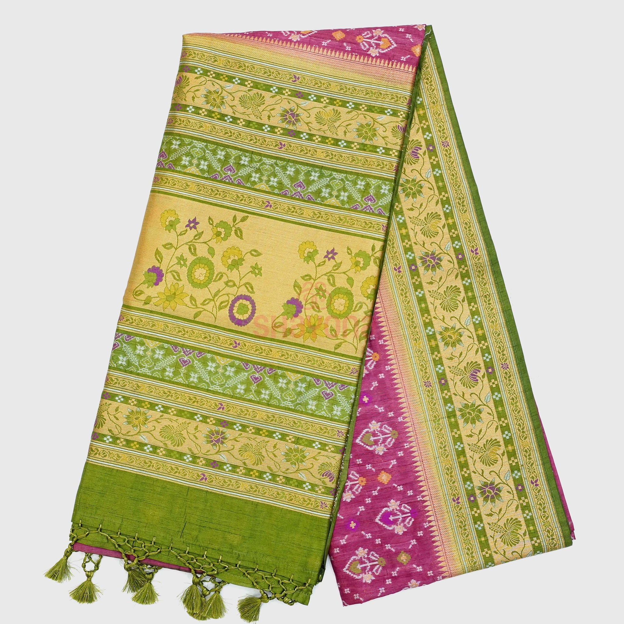 Onion & Dark Mehendi Green Ghicha Art Silk Saree with Minakari Work