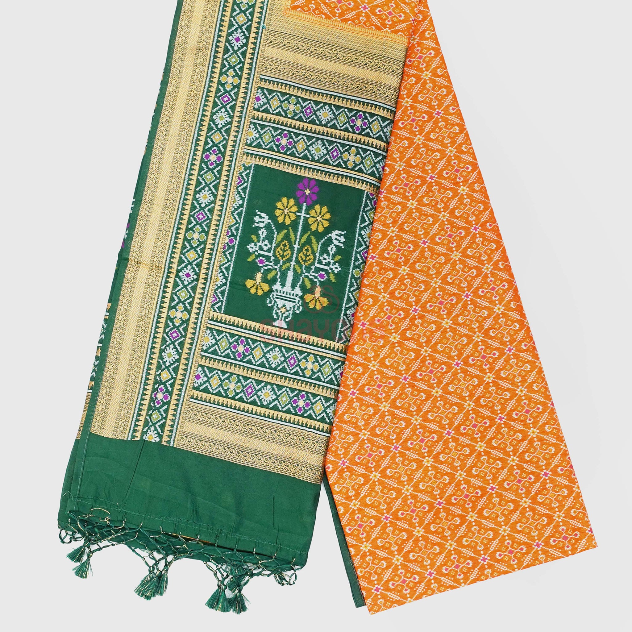 Orange & Pomona Green Ghicha Art Silk Saree