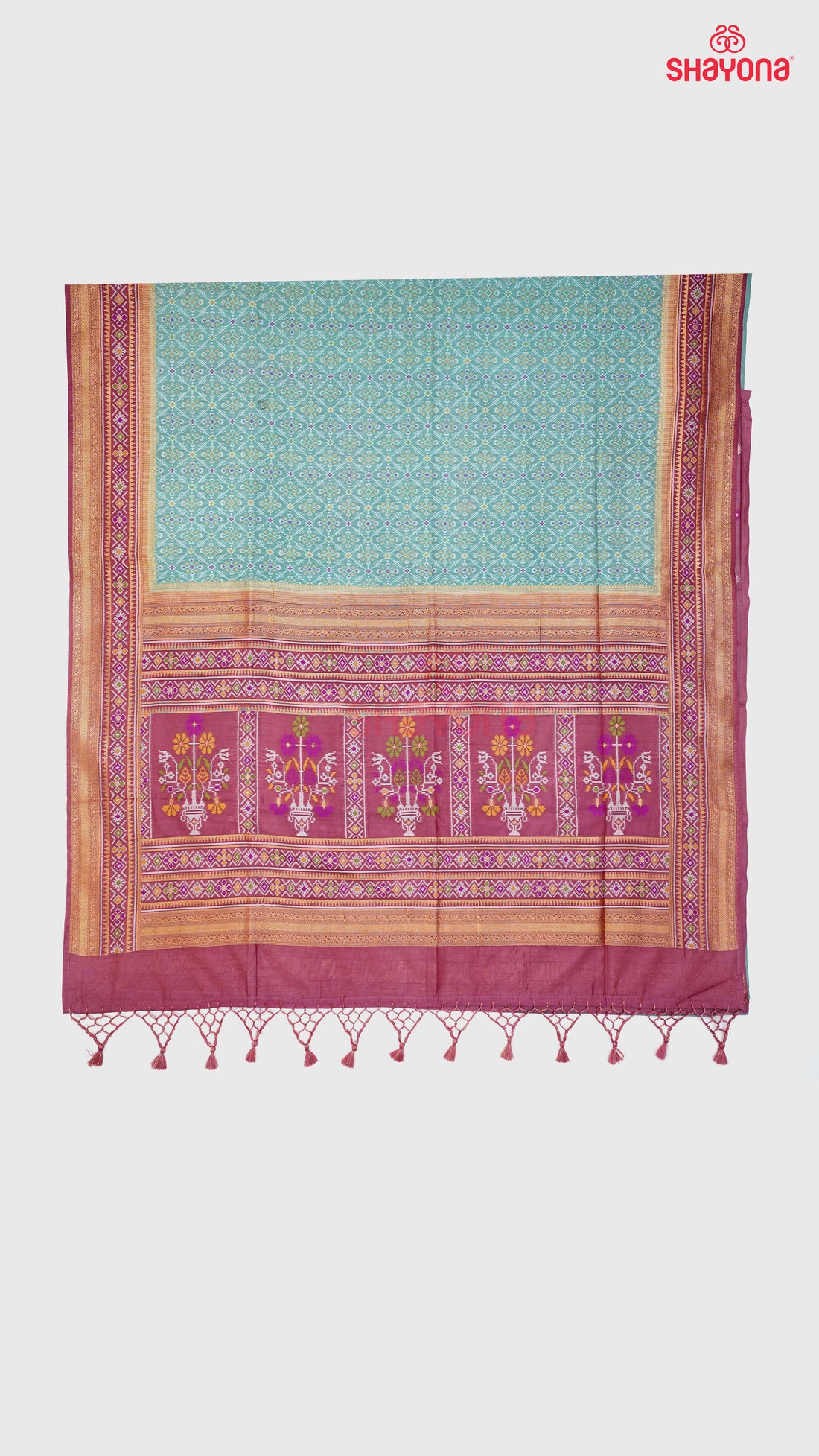 Pestal Sky Blue & Medium Onion coloured Ghicha Art Silk Saree