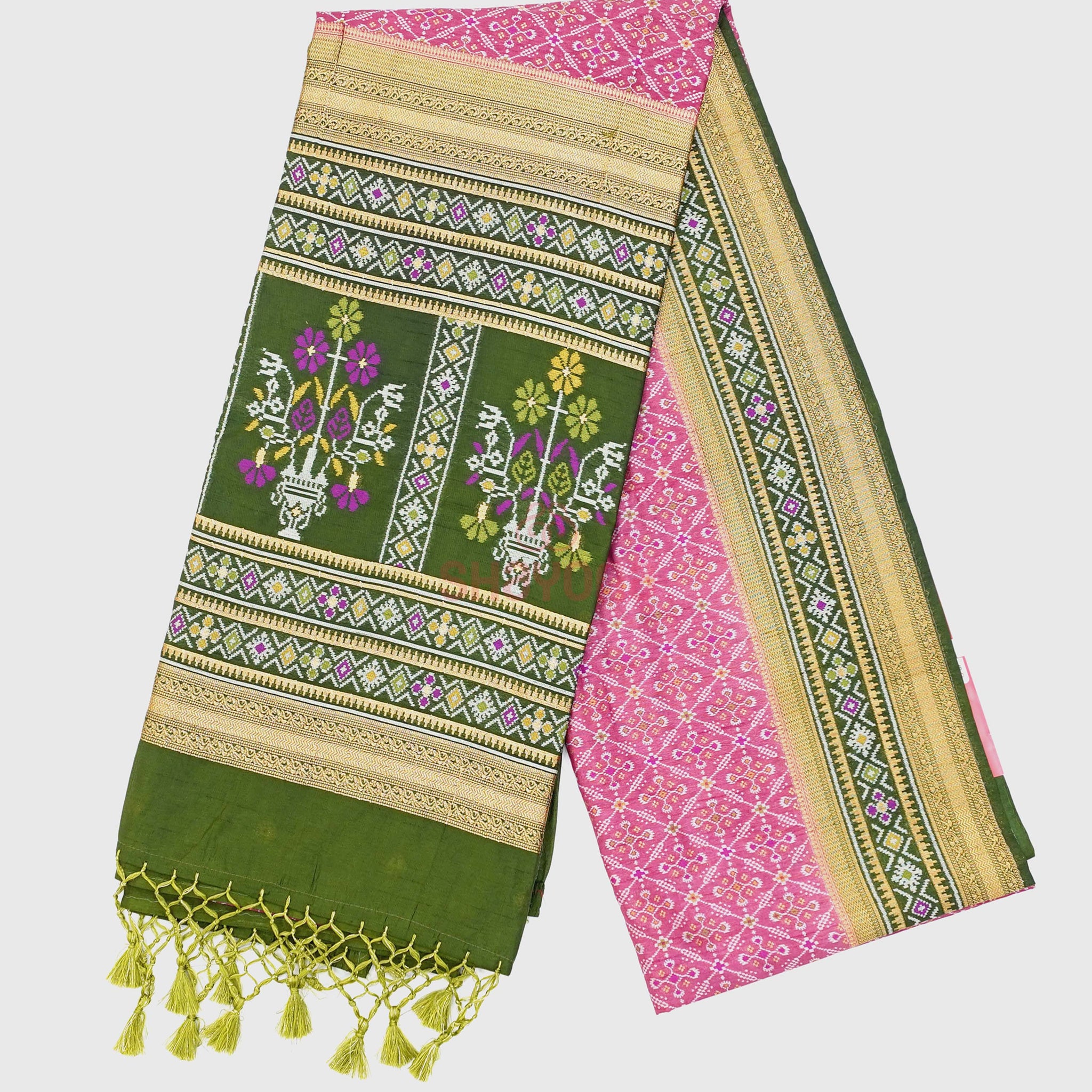 Onion & Dark Green Ghicha Art Silk Saree