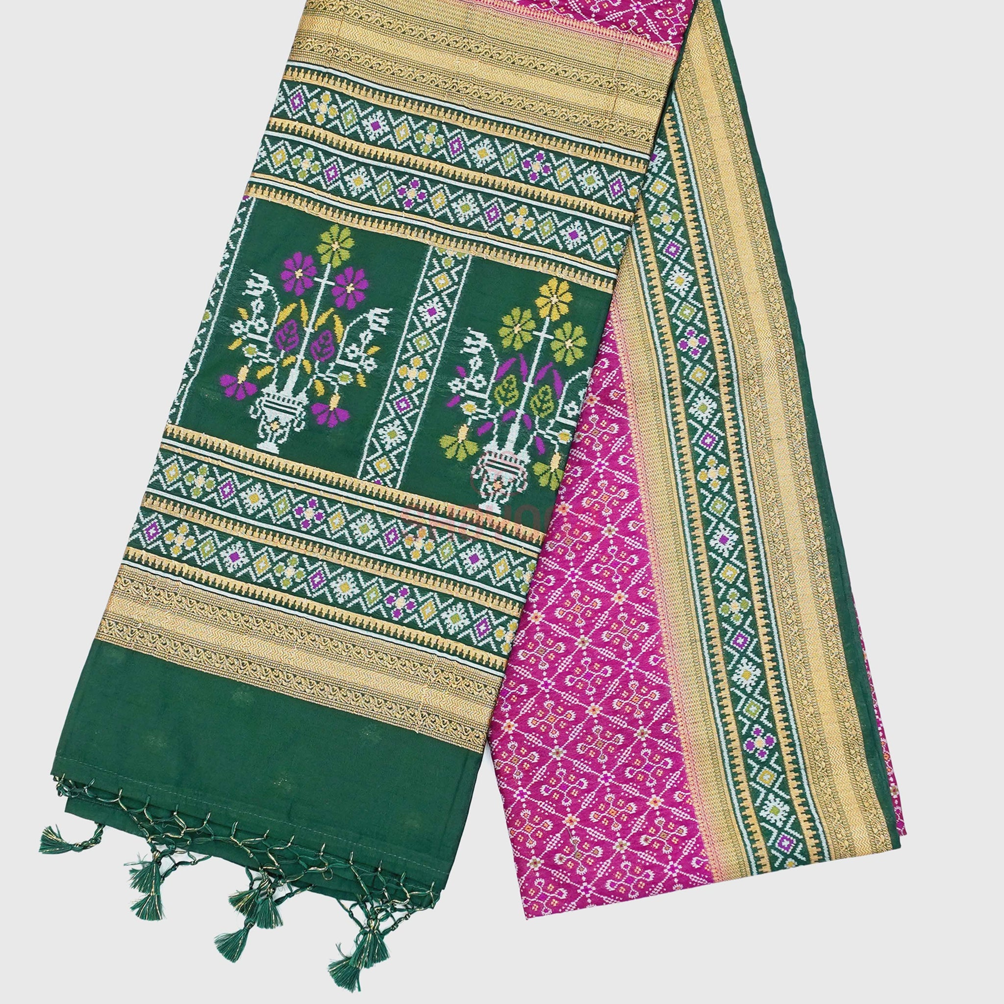 Dark Violet Red & Pomona Green Ghicha Art Silk Saree