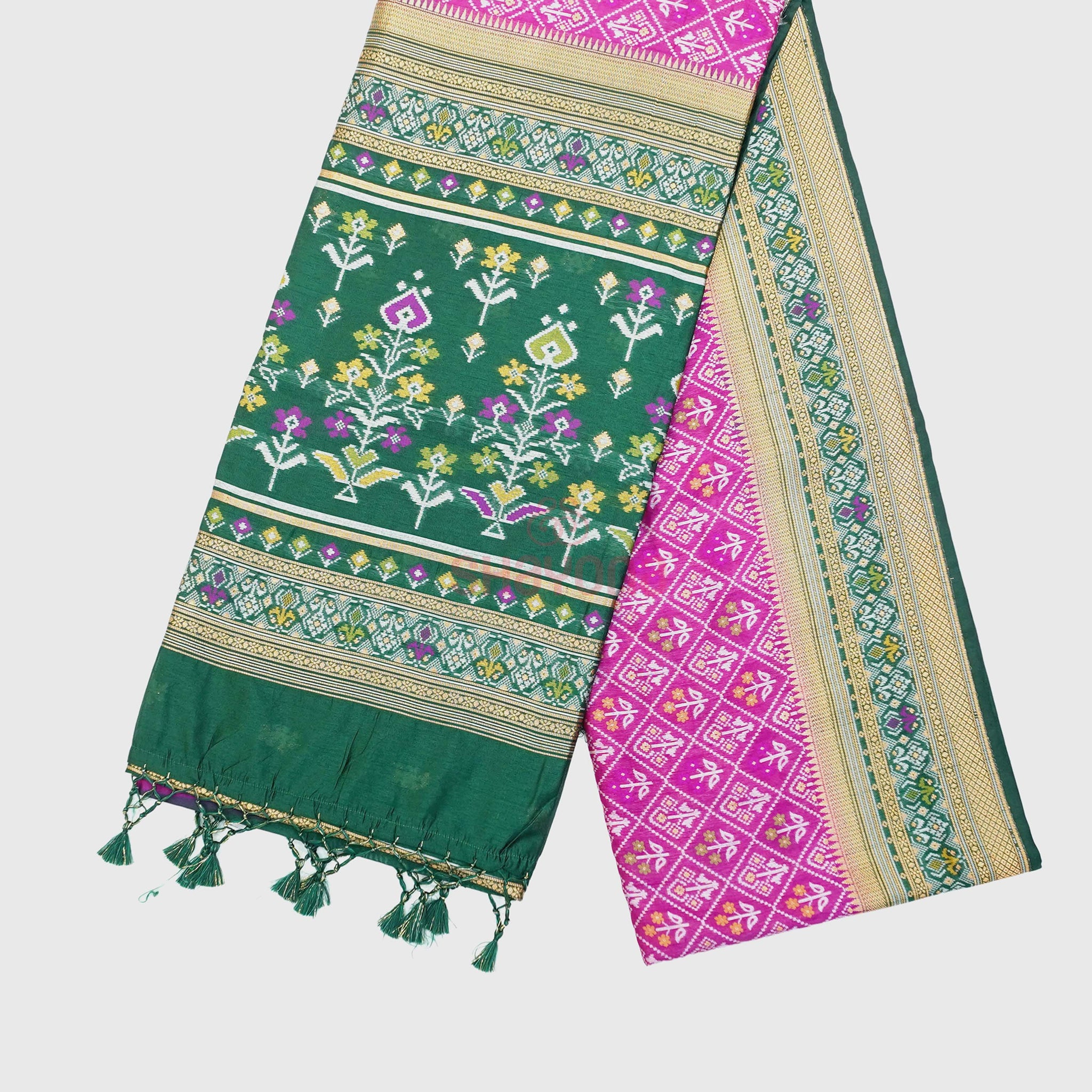 Dark Violet Red & Pomona Green Ghicha Art Silk Saree