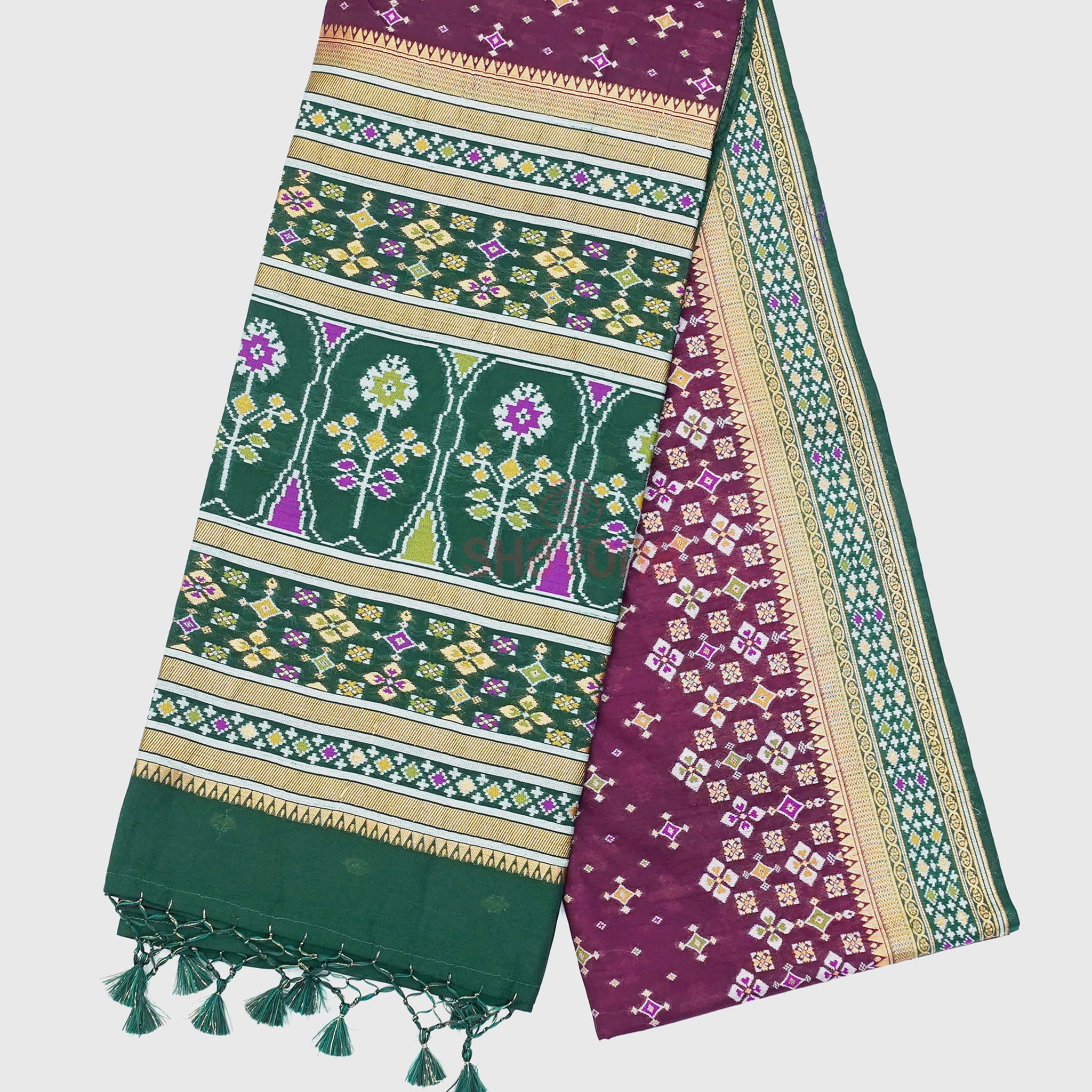 Wine & Pomona Green Ghicha Art Silk Saree