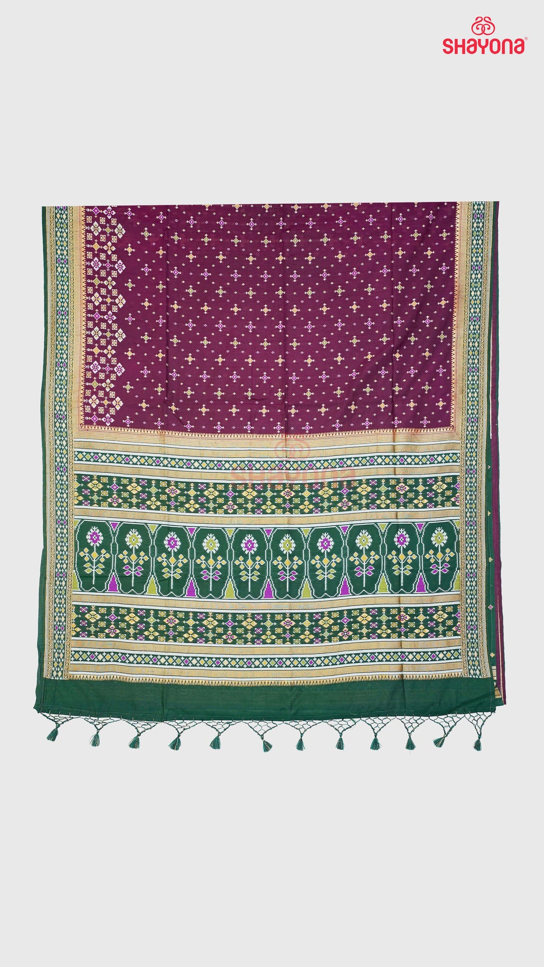 Wine & Pomona Green Ghicha Art Silk Saree