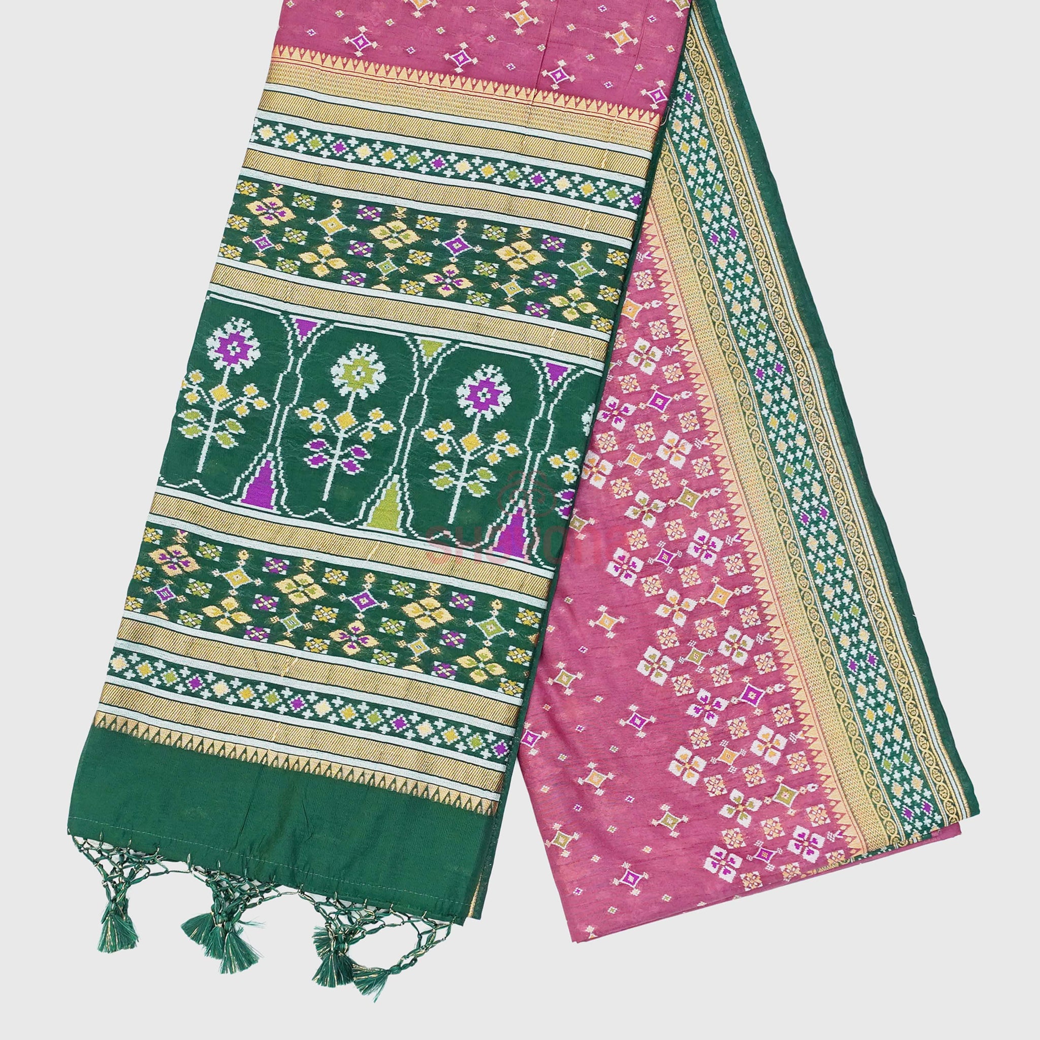 Medium Onion & Pomona Green Ghicha Art Silk Saree