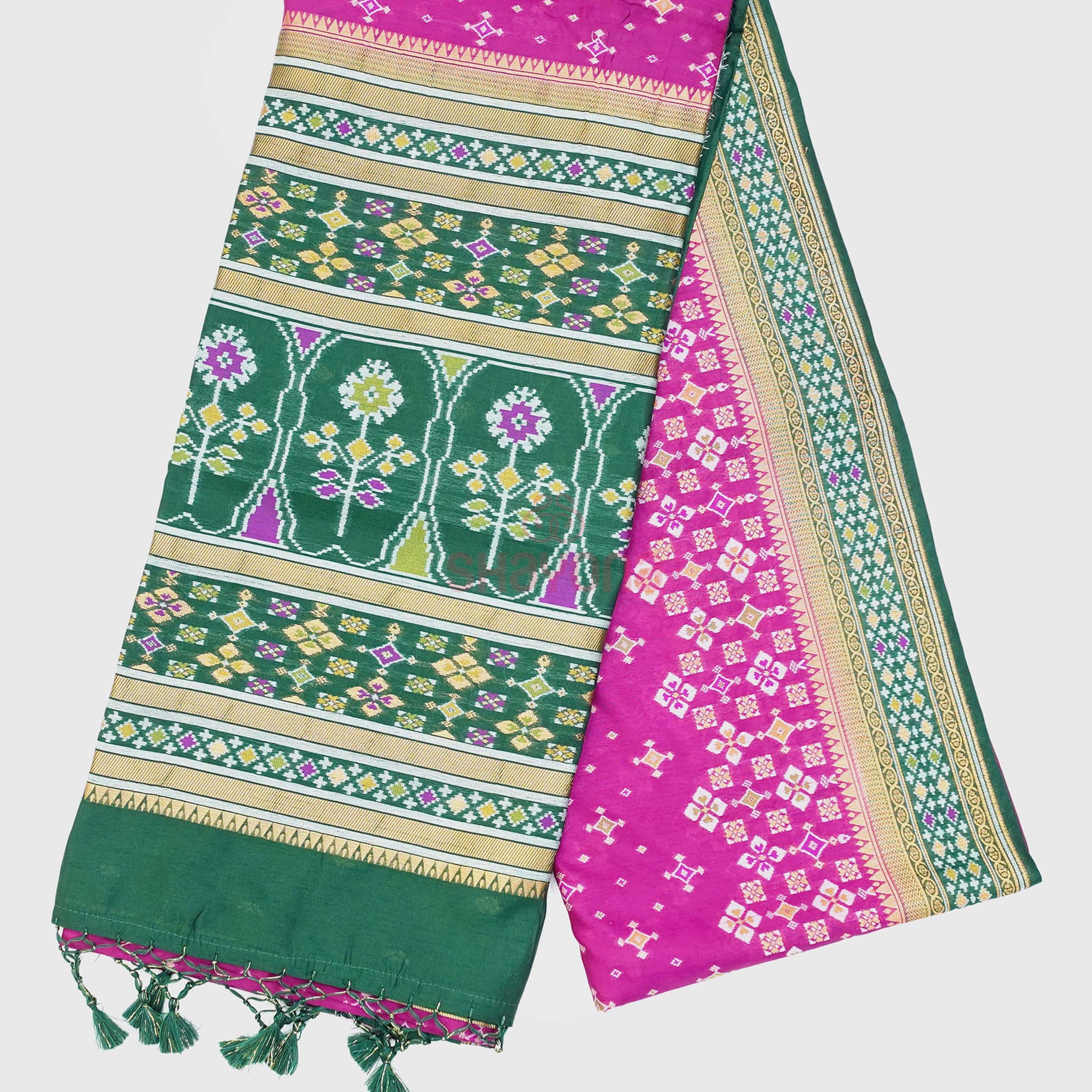 Violet Red & Pomona Green Ghicha Art Silk Saree